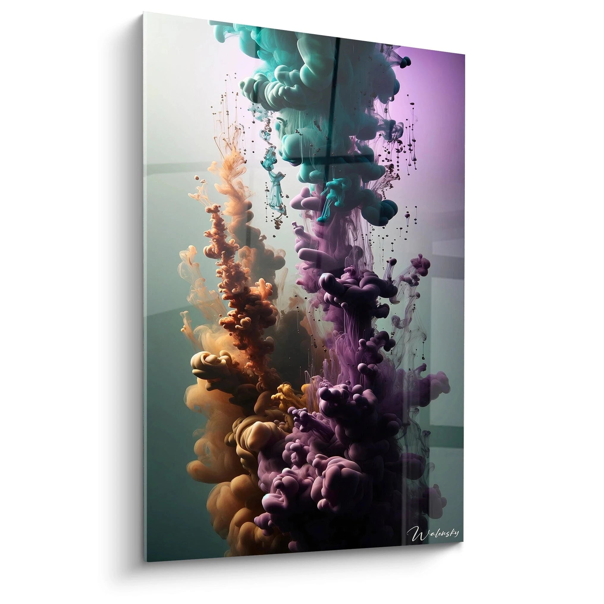 Un tableau abstrait de volutes colorées en suspension dans un liquide. Dominé par des teintes turquoise, violet et ocre formant des nuages denses et bulbeux. La texture vaporeuse présente des formes arrondies et des filaments qui se diffusent contre un fond vert-gris dégradé.

