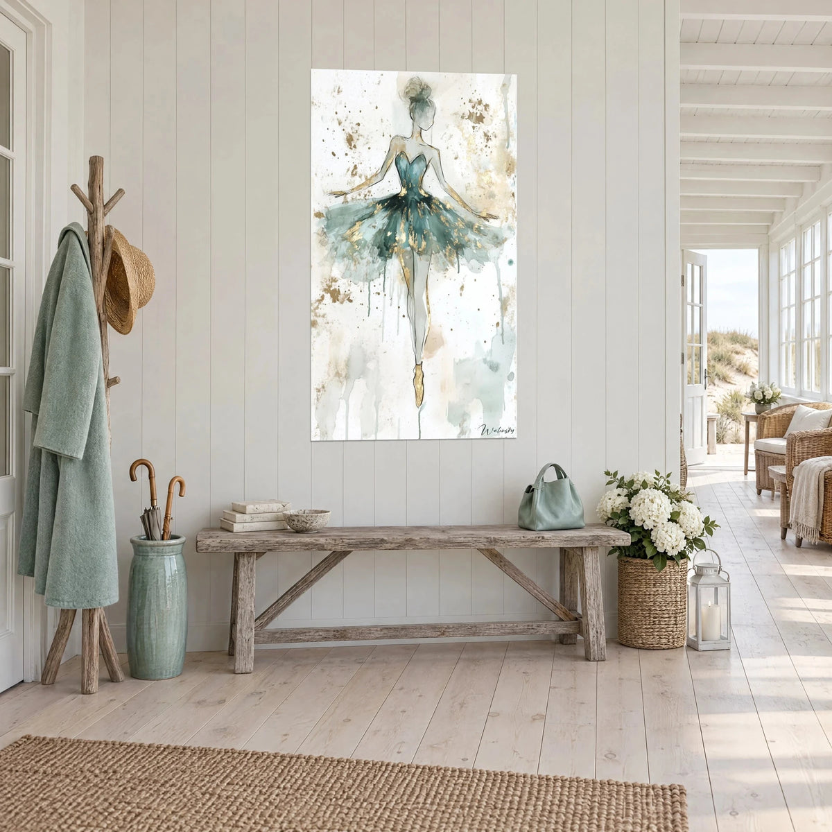 Wall art watercolor of a dancer with open arms, teal tutu and gold touches on an ivory background, three-quarter view beside a blond wood bench