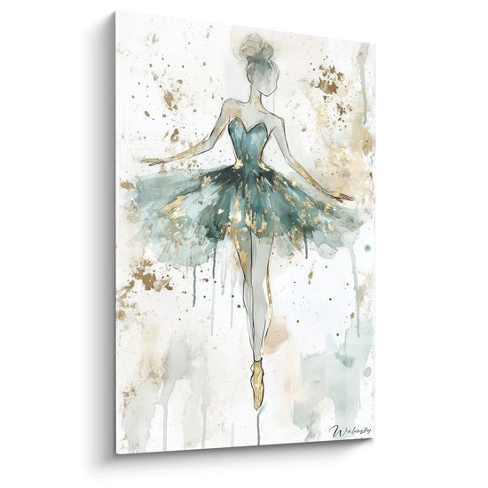 Ein abstraktes Tänzerin-Gemälde mit einer stilisierten Silhouette in grünem Outfit, goldenen Akzenten und Aquarell-Texturen. Der Hintergrund zeigt Spritzer und helle Beigetöne.

