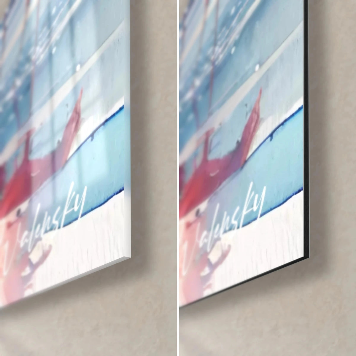 Wall art of a flock of watercolour flamingos, bottom right corner in sky blue and coral, 3 mm edge, glossy glass and matte Dibond side by side