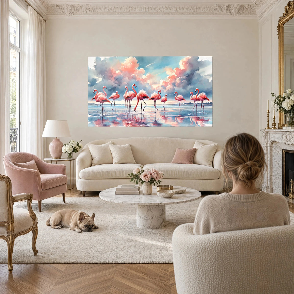 Wall art of pink flamingos in watercolour, coral plumage and blue-grey sky, reflections in the water, above a sofa in a bright living room