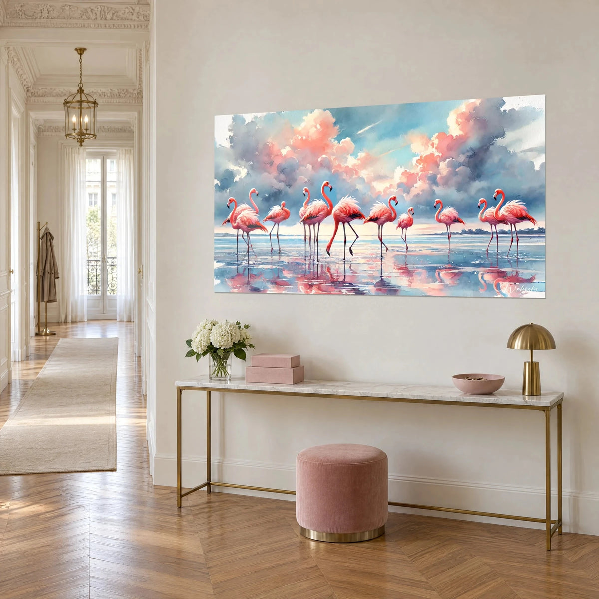 Wall art of pink wading birds paddling in a lagoon, salmon clouds and pale blue water, on a gilded console in a Haussmann-style hallway