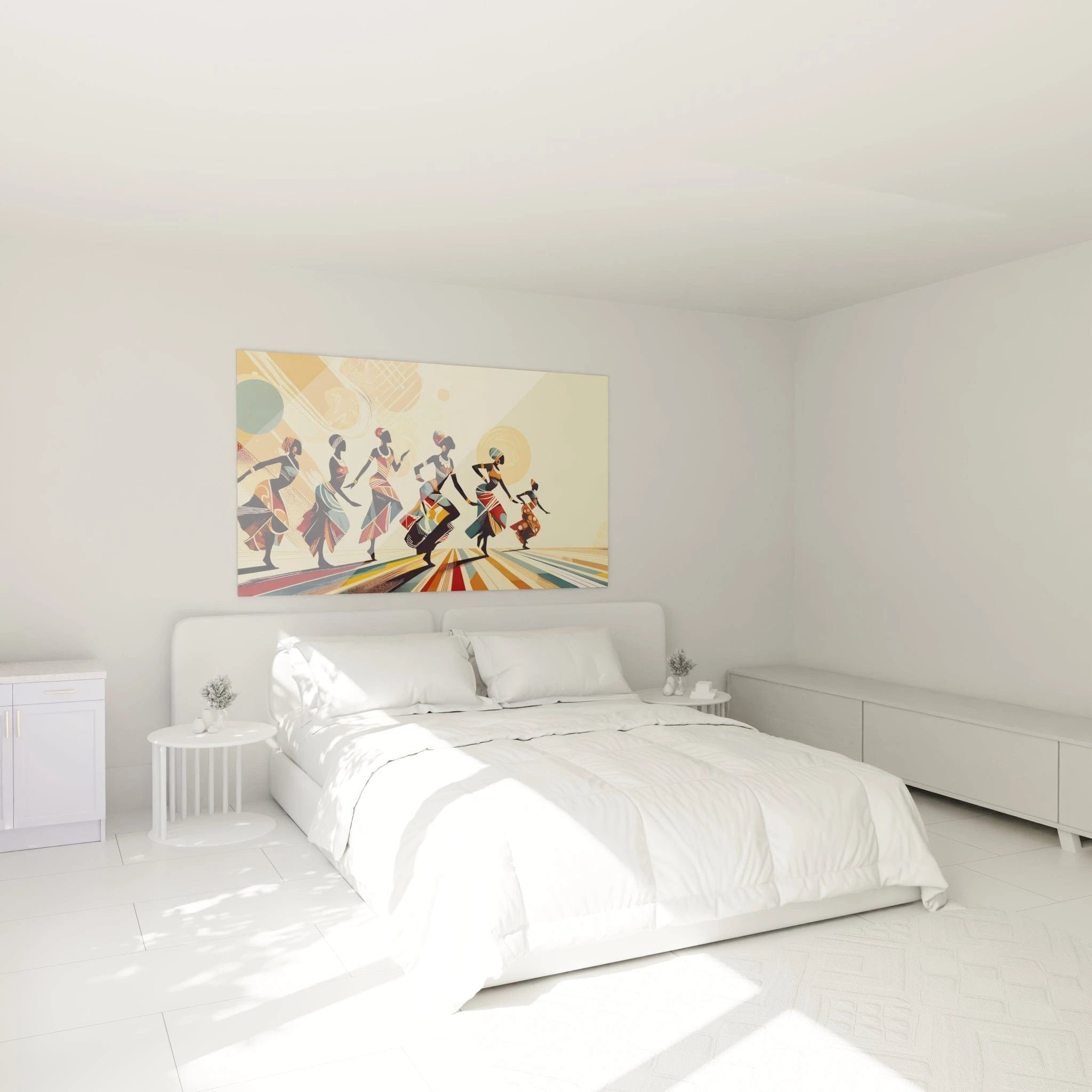 tableau africain accroché dans une chambre au-dessus d’un lit aux tons neutres les figures dansantes et nuances chaudes apportent chaleur et sérénité à l’espace

