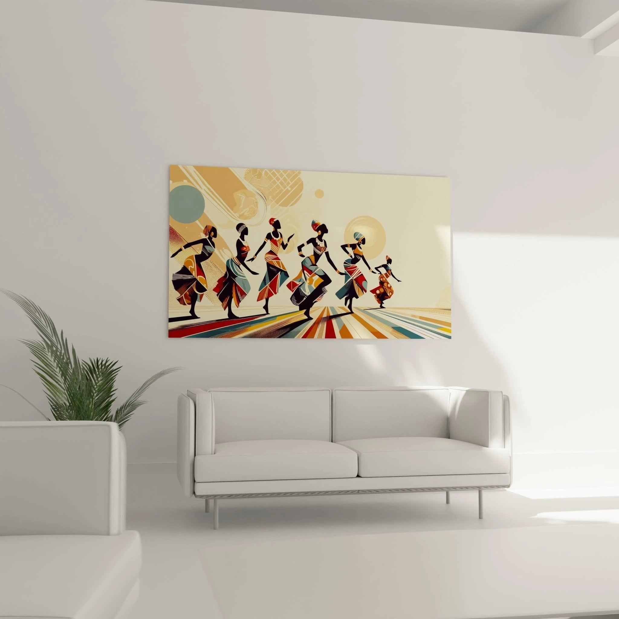 tableau africain au mur d’un salon au-dessus d’un canapé marron ses motifs géométriques et teintes terreuses créent une ambiance conviviale et accueillante

