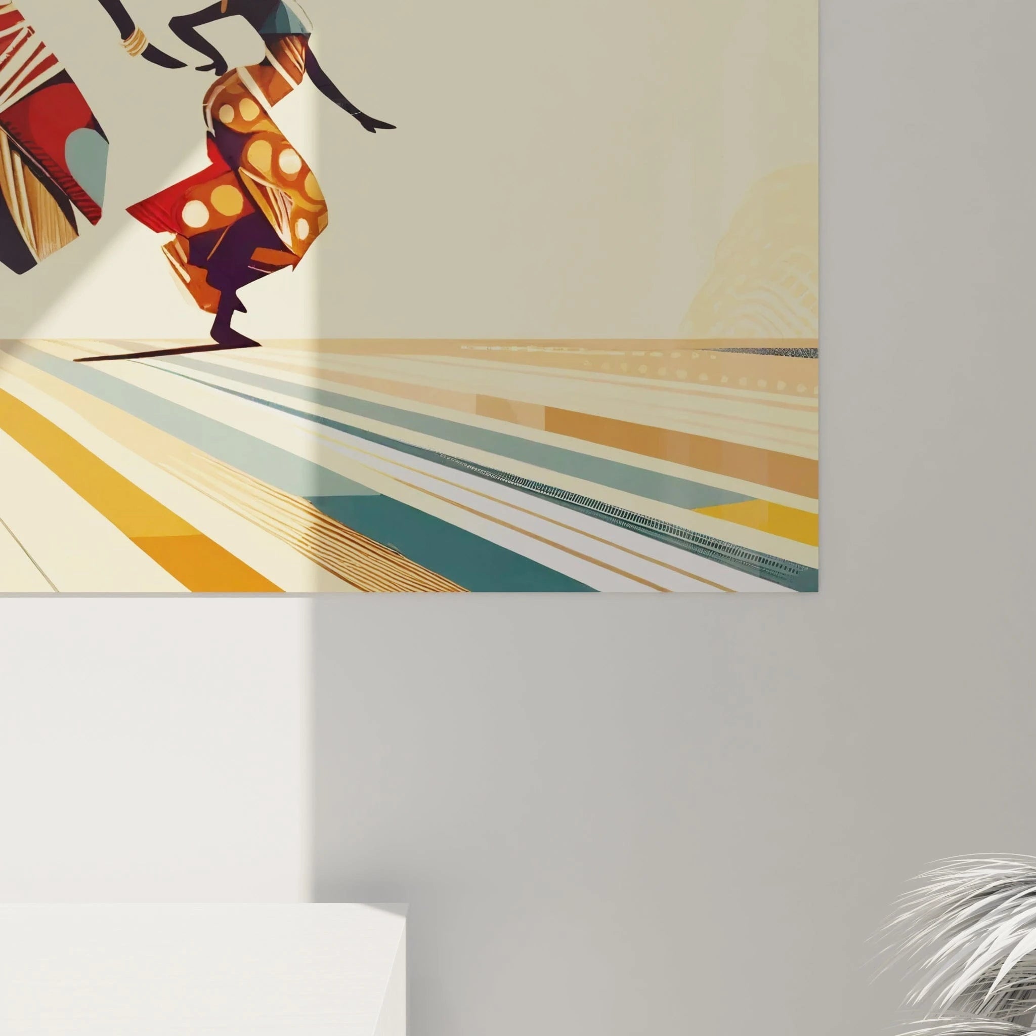 vue rapprochée du tableau africain révélant des textures douces contrastes lumineux et détails inspirés des tissus traditionnels évoquant des danses tribales

