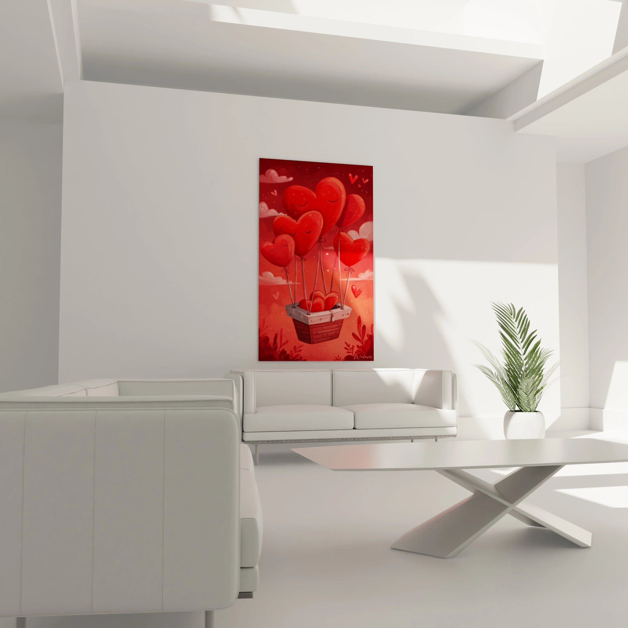 Tableau mural Walensky tableau décoration murale cœurs rouge ballons en forme de coeur dans un panier moderne
