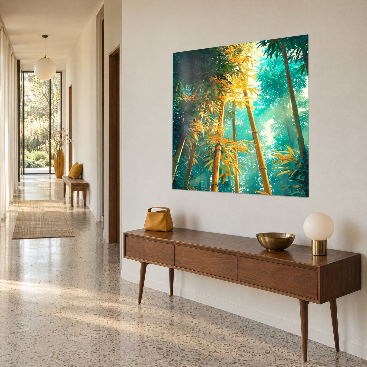 Quadro grandi canne di bambù ocra sotto una volta verde, foschia bianca in alto, vista a tre quarti in un corridoio dalle pareti color crema