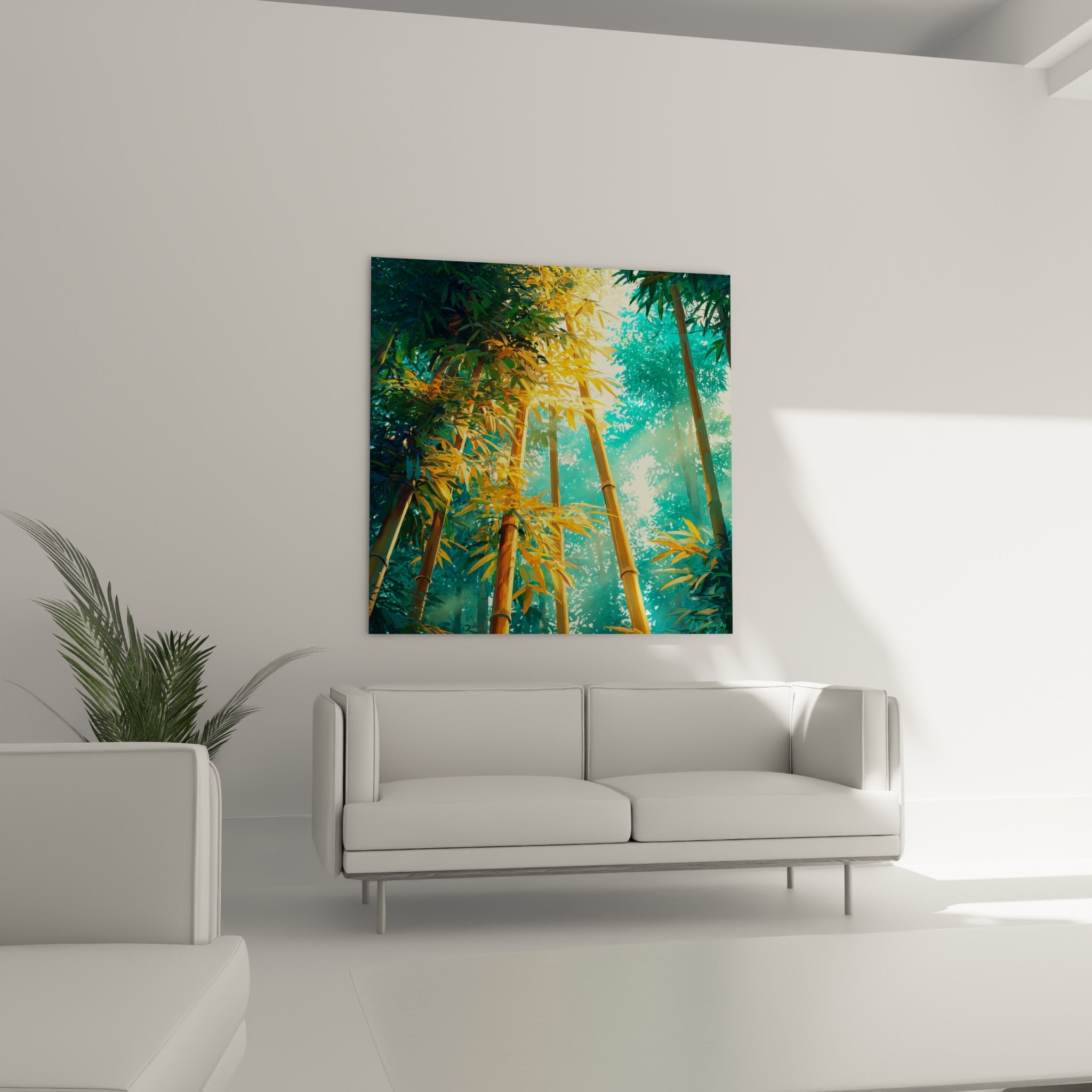 Forêt de bambou turquoise et ambrée baignée de lumière, au-dessus d'un canapé dans un salon lumineux