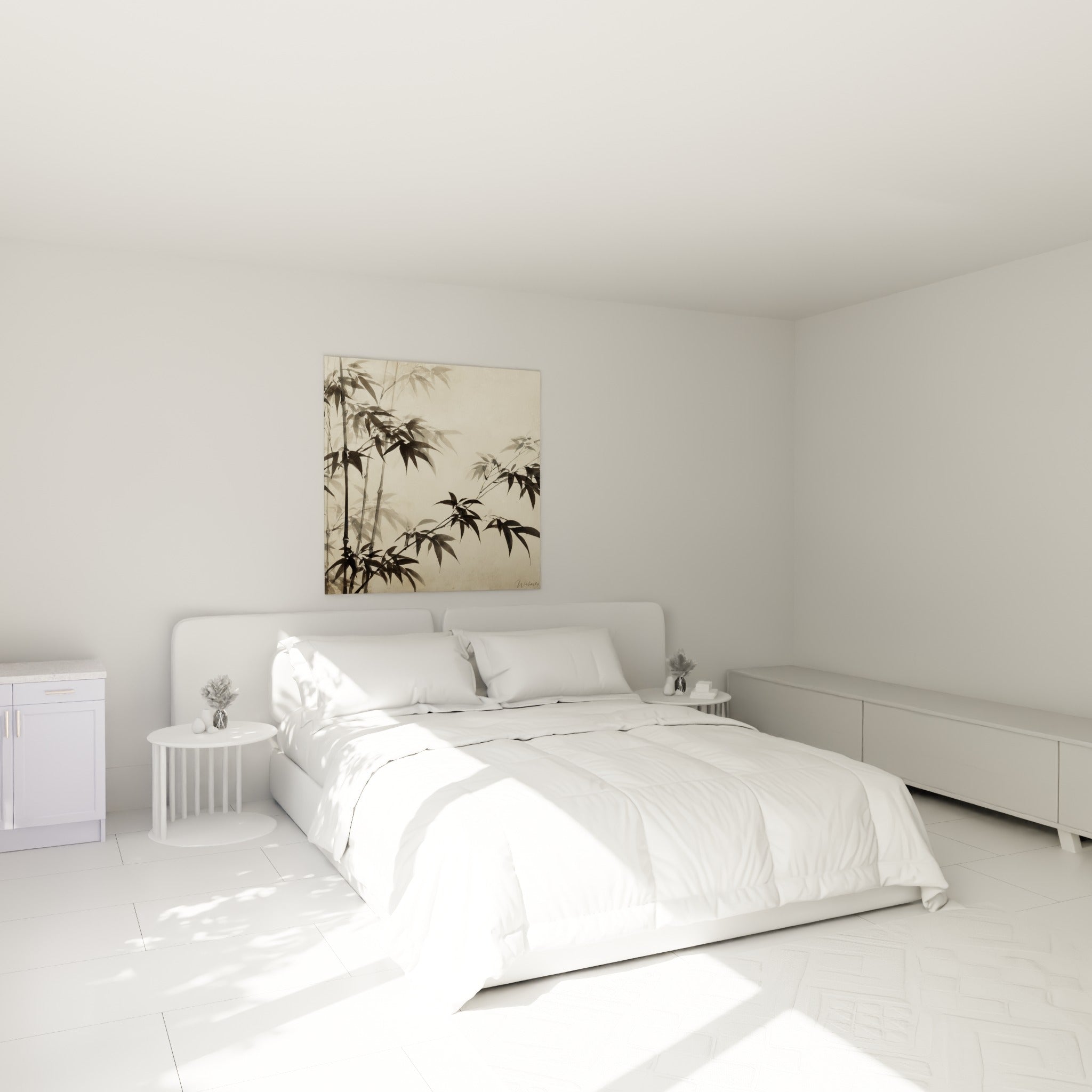 Tiges de bambou anthracite et beige se déployant en diagonale au-dessus d'un lit dans une chambre claire