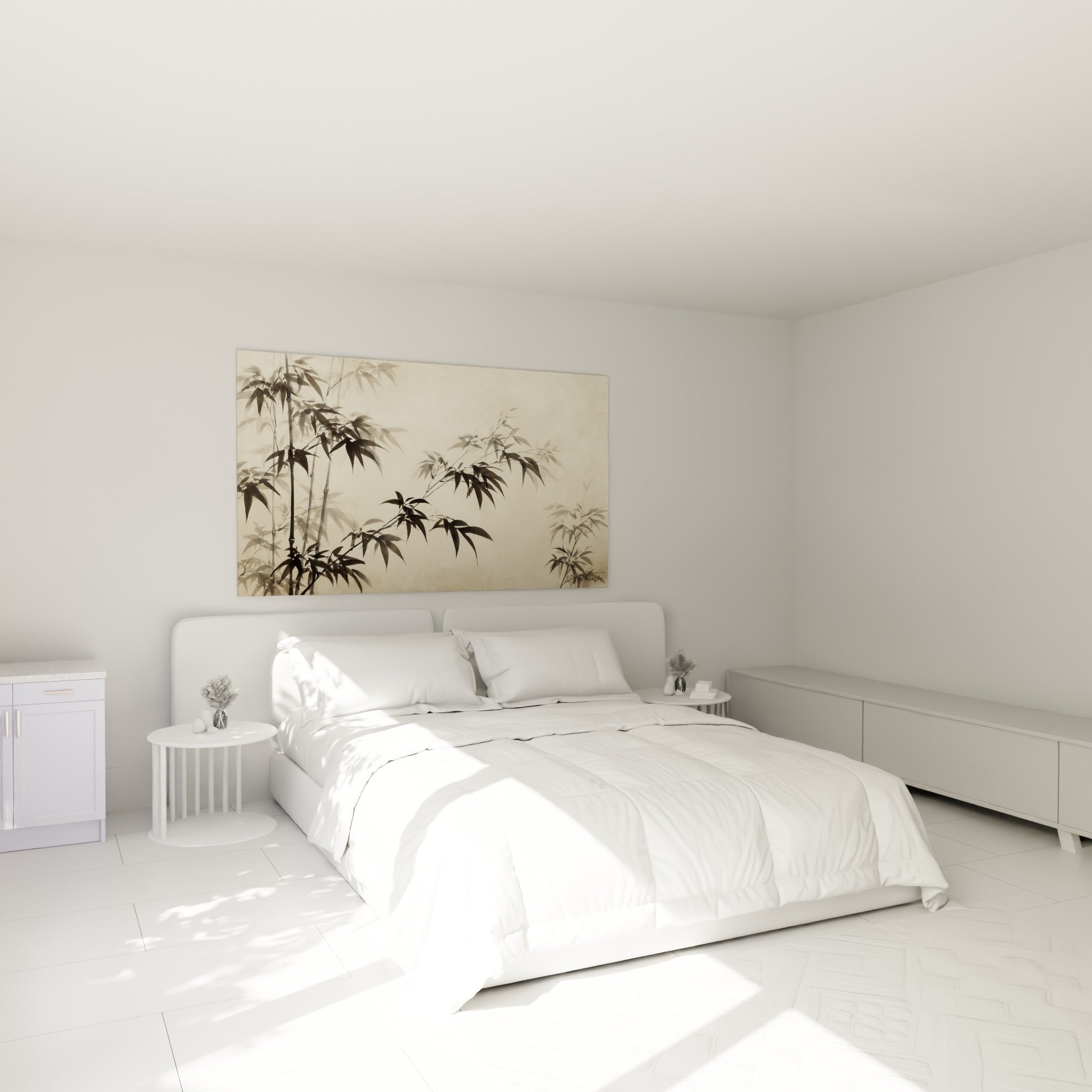 Tiges de bambou anthracite et beige patiné accrochées au-dessus d'un lit dans une chambre claire