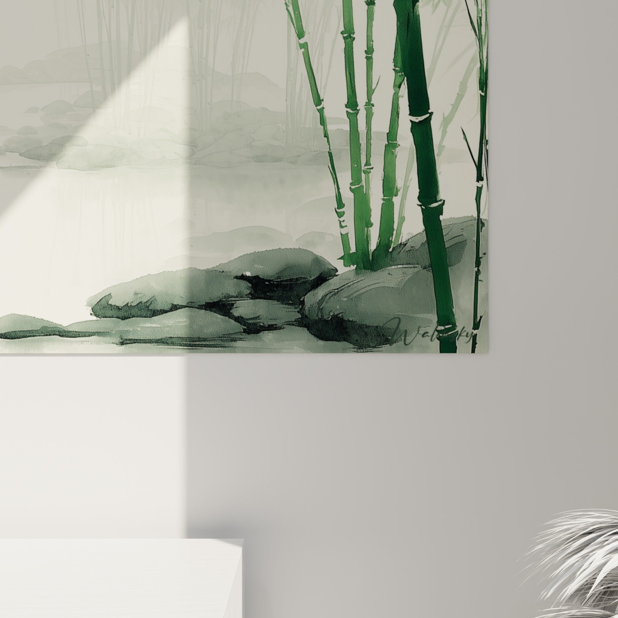 Empâtements aquarelle révèlent les nuances de vert et gris fondues sur la toile de bambou