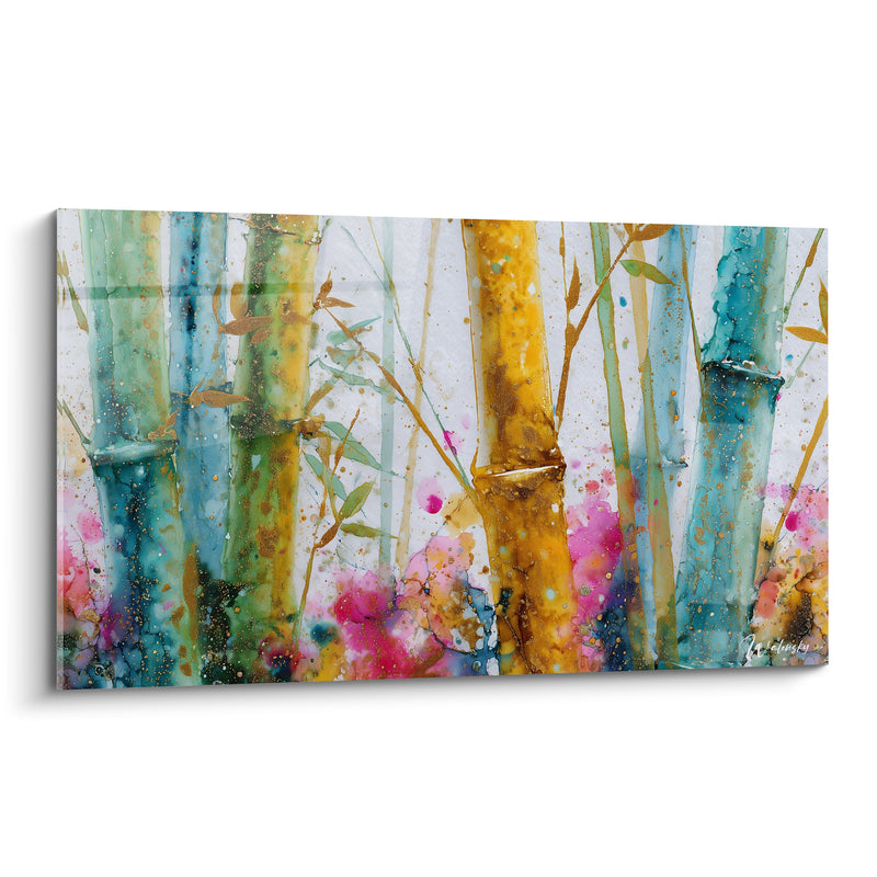Tableau Bambous turquoise et ocre en aquarelle - Éveil végétal - Edition Bambou