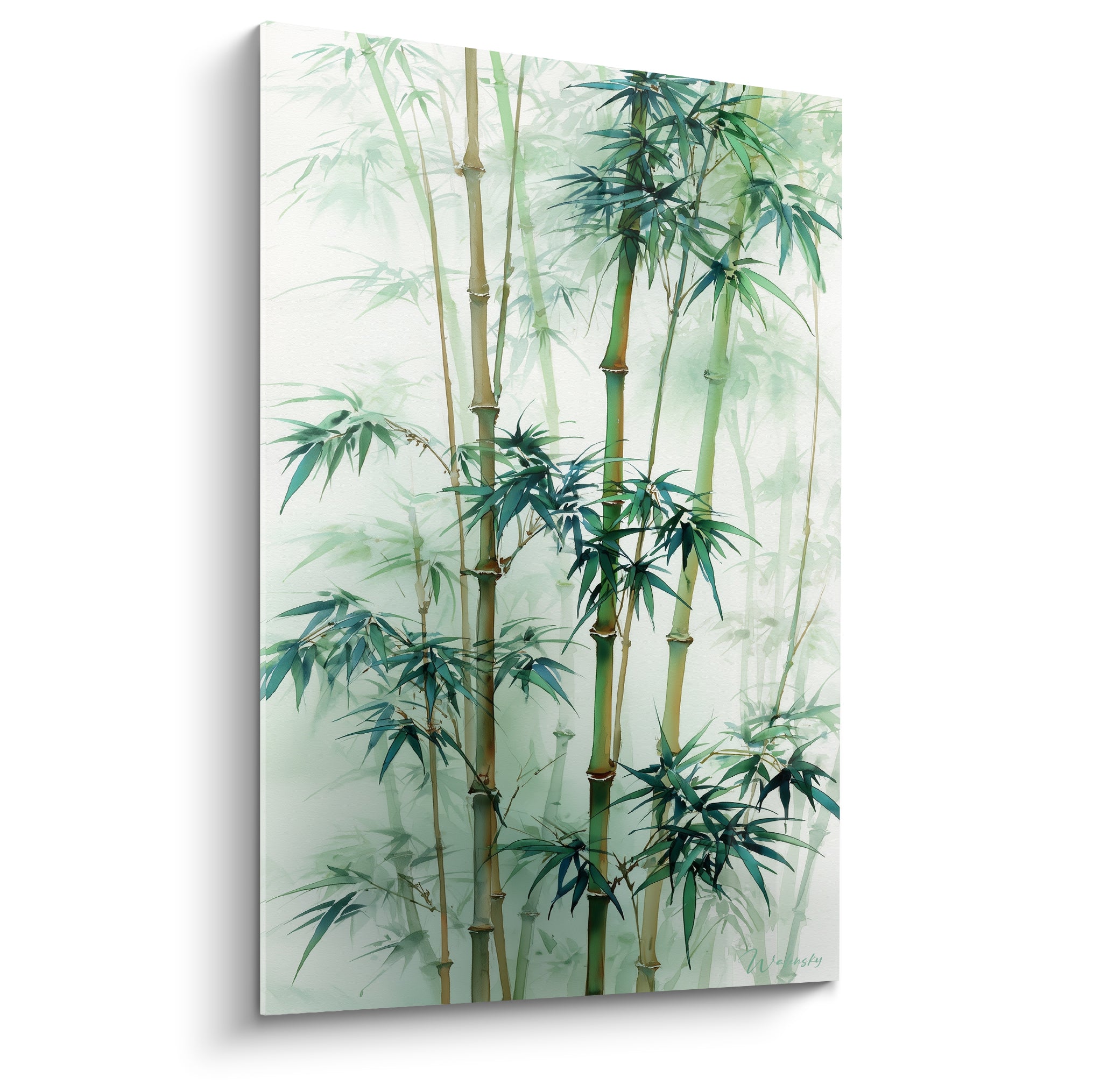 Bambou vert émeraude et tiges ocre peintes à l'aquarelle sur fond blanc brumeux
