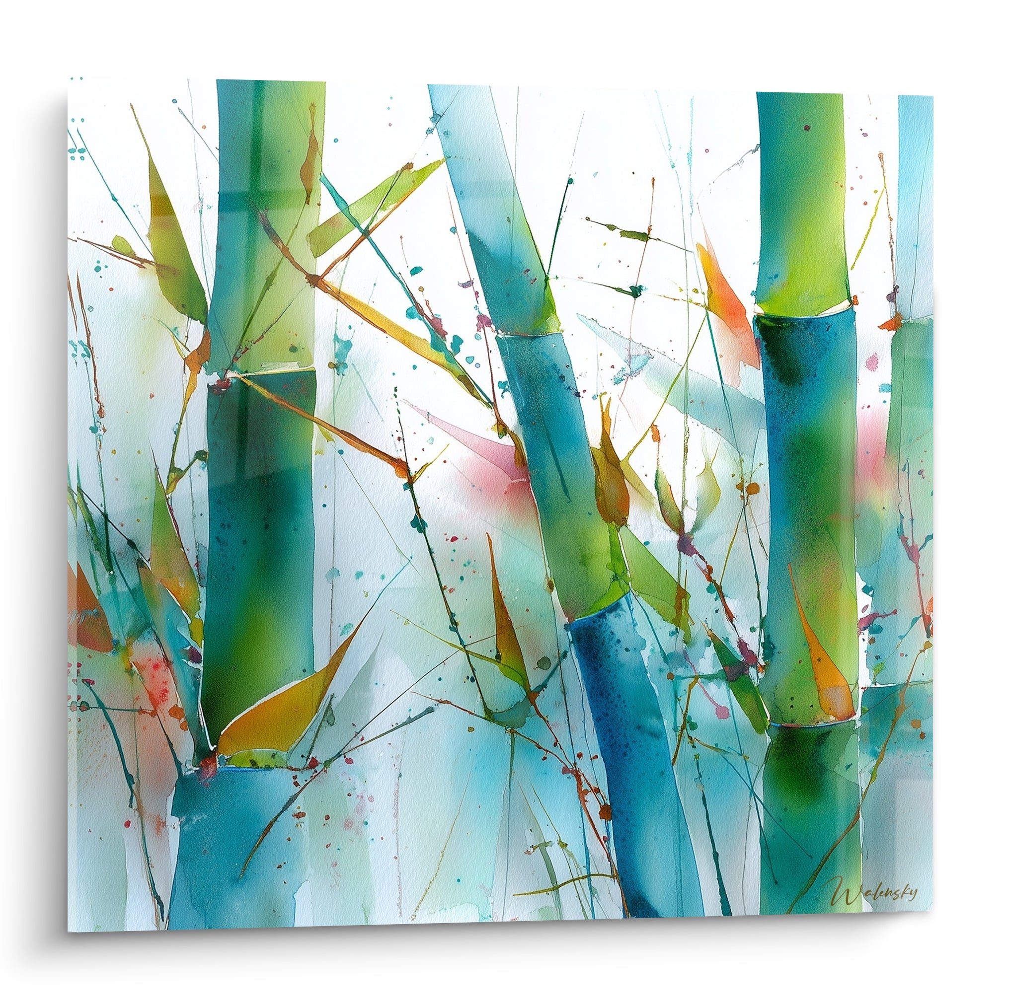 Tiges de bambou vert émeraude et turquoise en aquarelle éclaboussée sur fond blanc