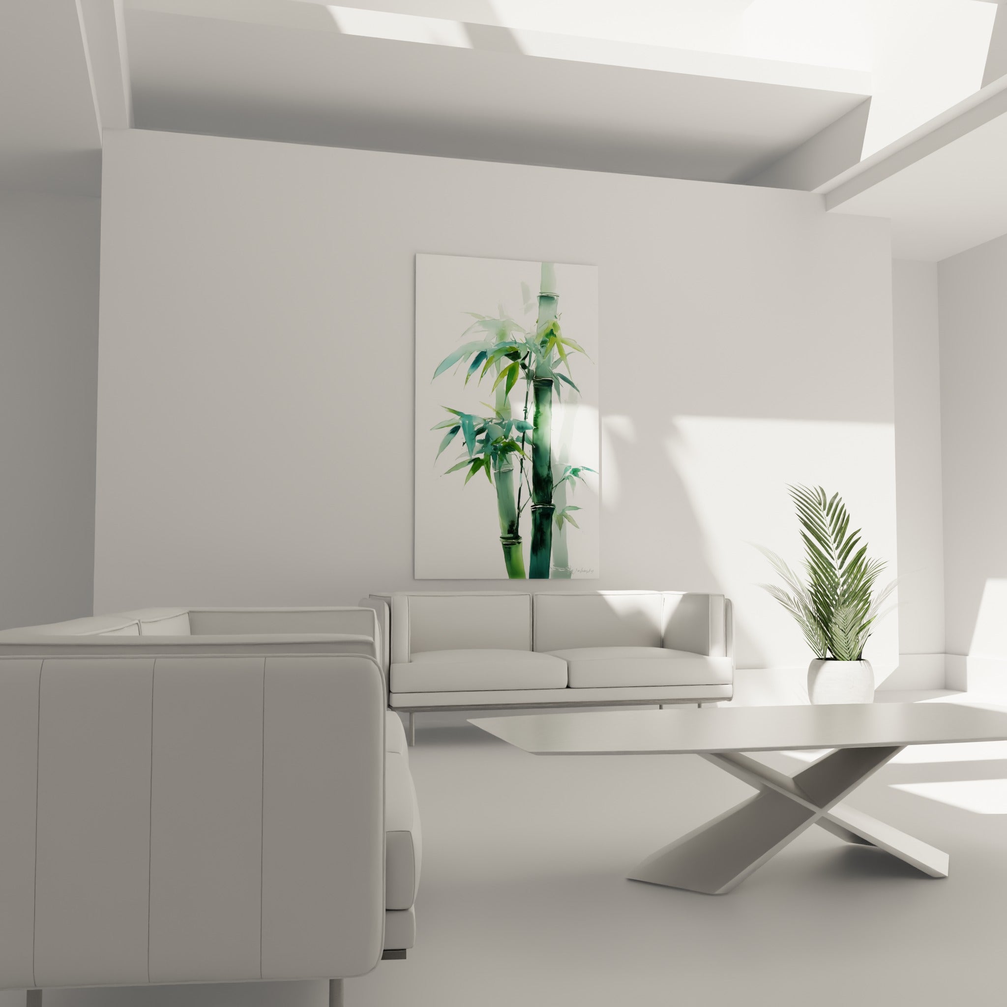Bambou aux nuances vert sauge et blanc cassé, disposé au-dessus d'un canapé dans un salon lumineux