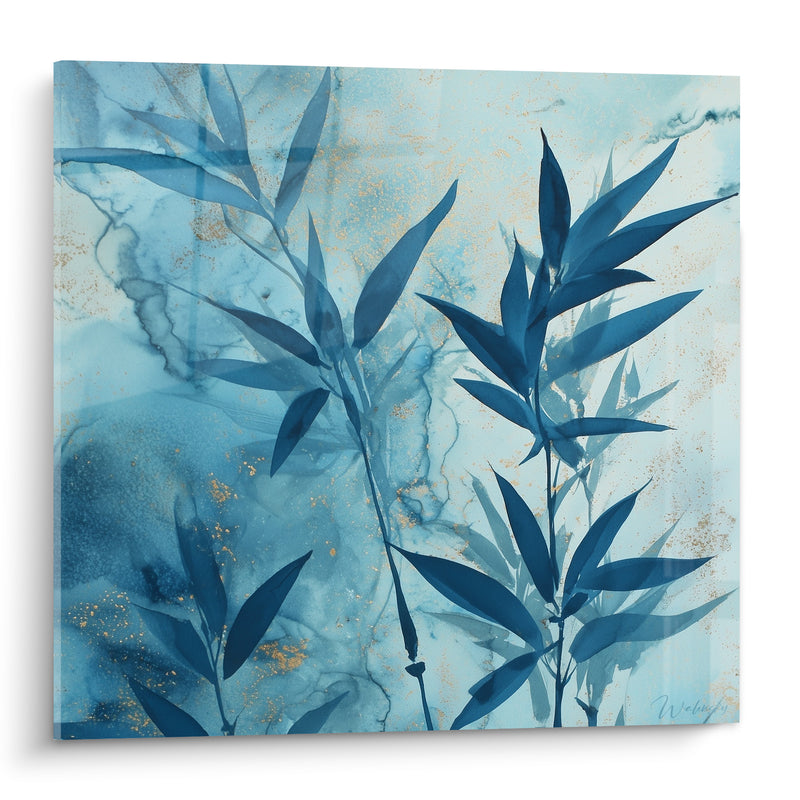 Tableau Feuilles bleu et or fond marbré translucide - Encre délavée nuageuse - Edition Bambou