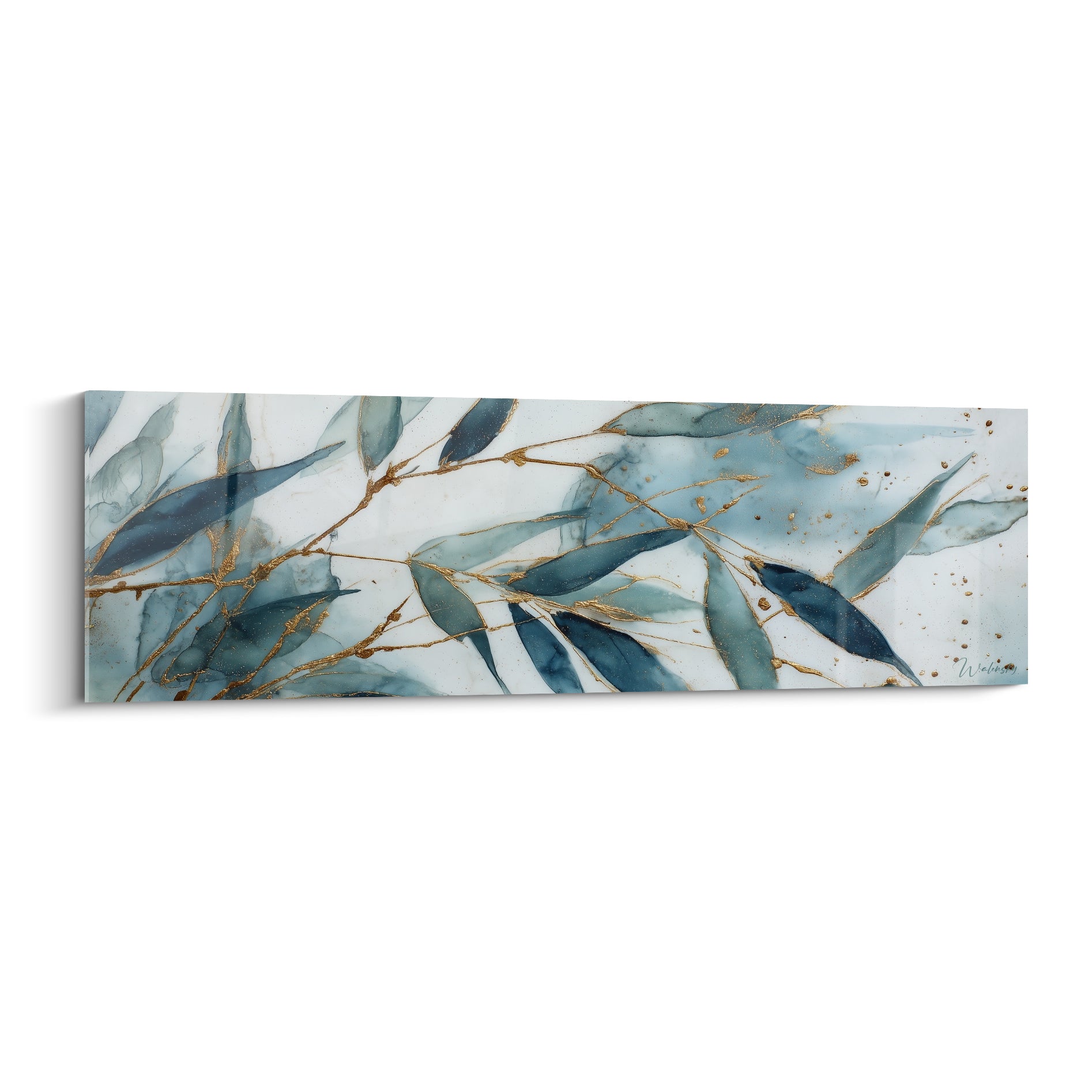 Bambou aux feuilles bleu pétrole et tiges dorées, composition fluide façon aquarelle