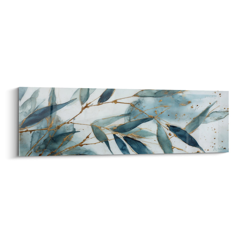 Tableau Feuilles bleu ardoise et dorées éclaboussures encrées - Rameaux effilés dispersés - Edition Bambou