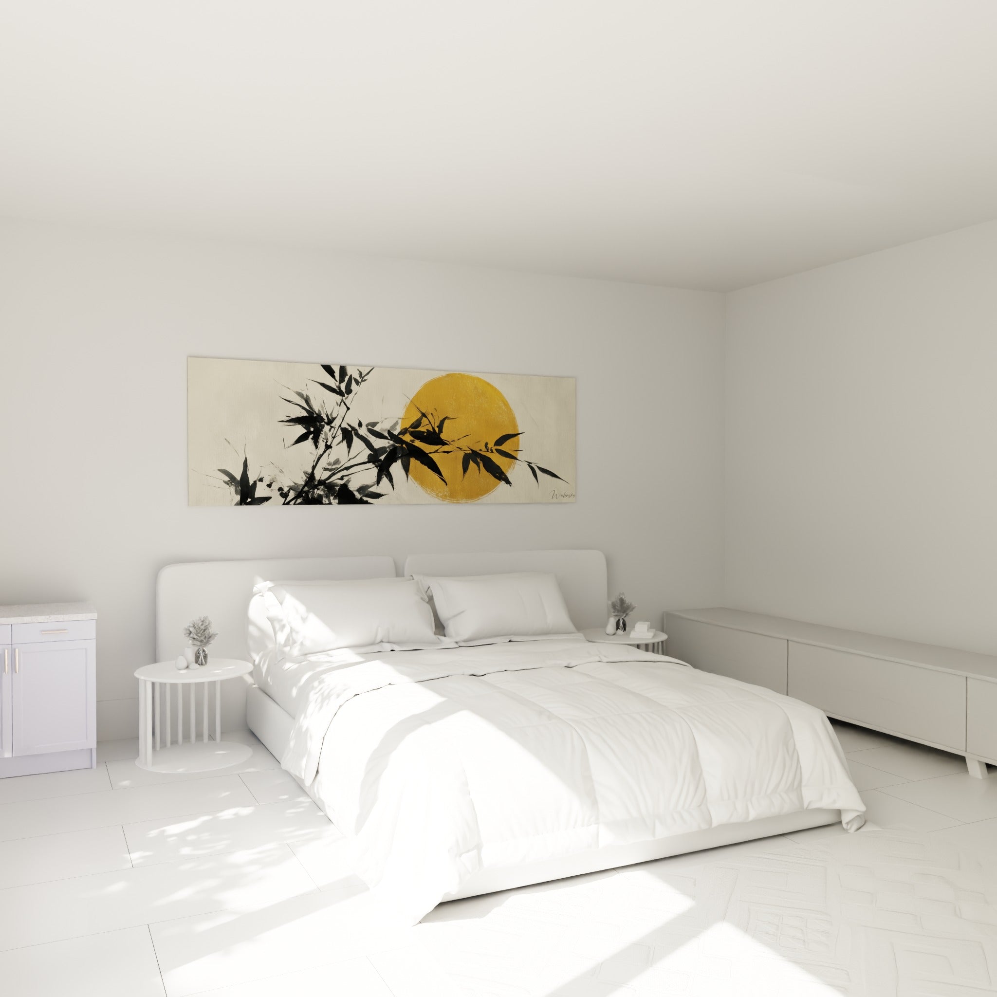 Branche de bambou noire et soleil ocre au-dessus d'un lit dans une chambre claire
