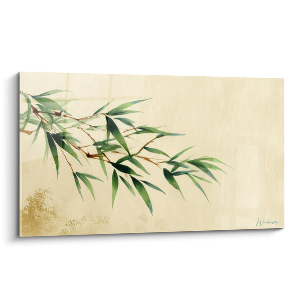 Green and Beige Branch with Drooping Leaves Artwork - Golden Splashes Background - Bambou Edition