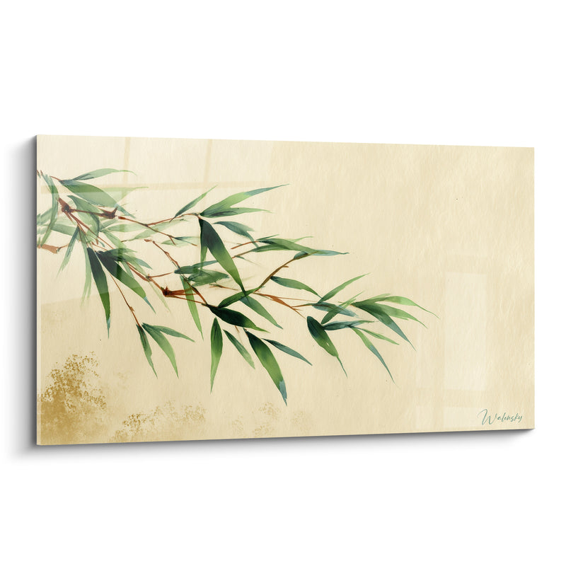 Tableau Branche verte et beige feuilles retombantes - Éclaboussures dorées en fond - Edition Bambou