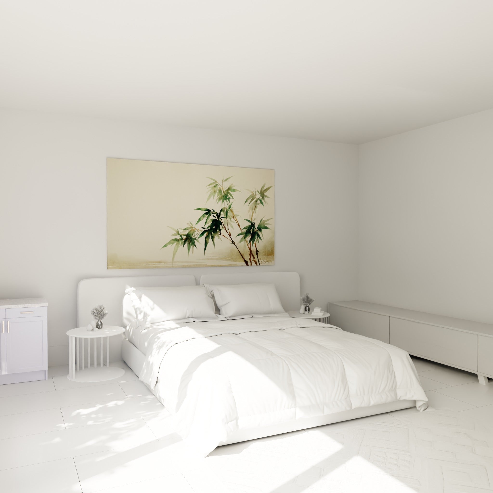 Branches de bambou vert sauge et brun accrochées au-dessus d'un lit dans une chambre claire