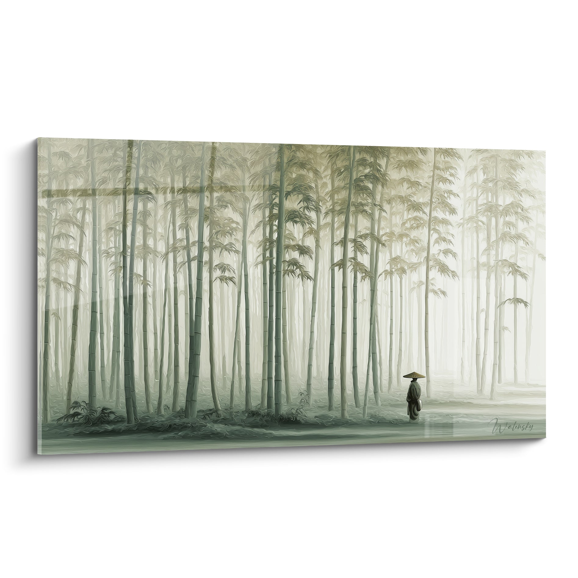 Bambou vert sauge et brume dorée entourent une silhouette solitaire sur un chemin