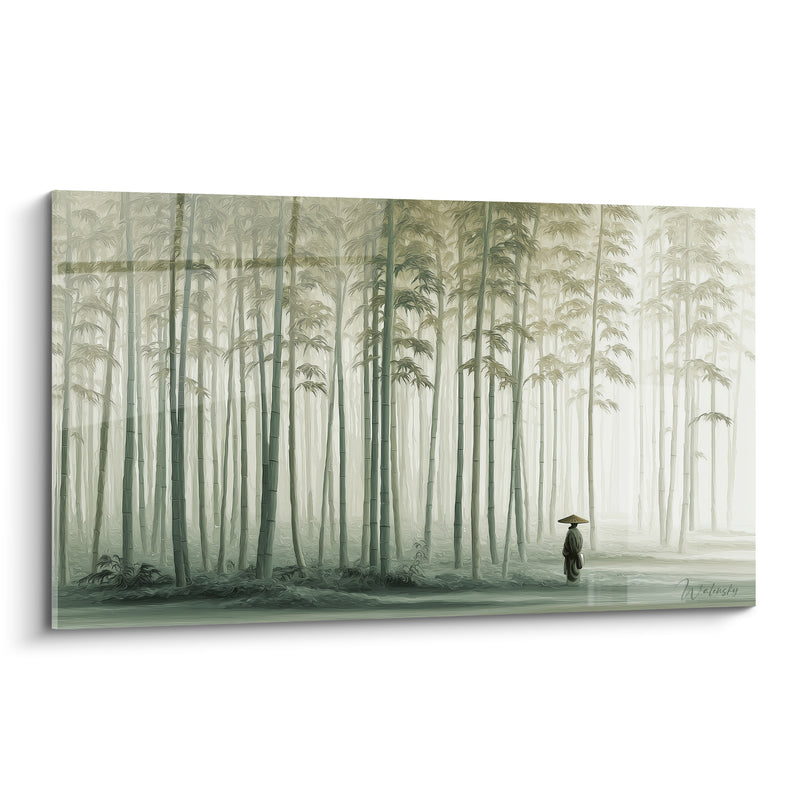 Tableau Voyageur vert et beige au chapeau pointu - Chemin dans la brume - Edition Bambou