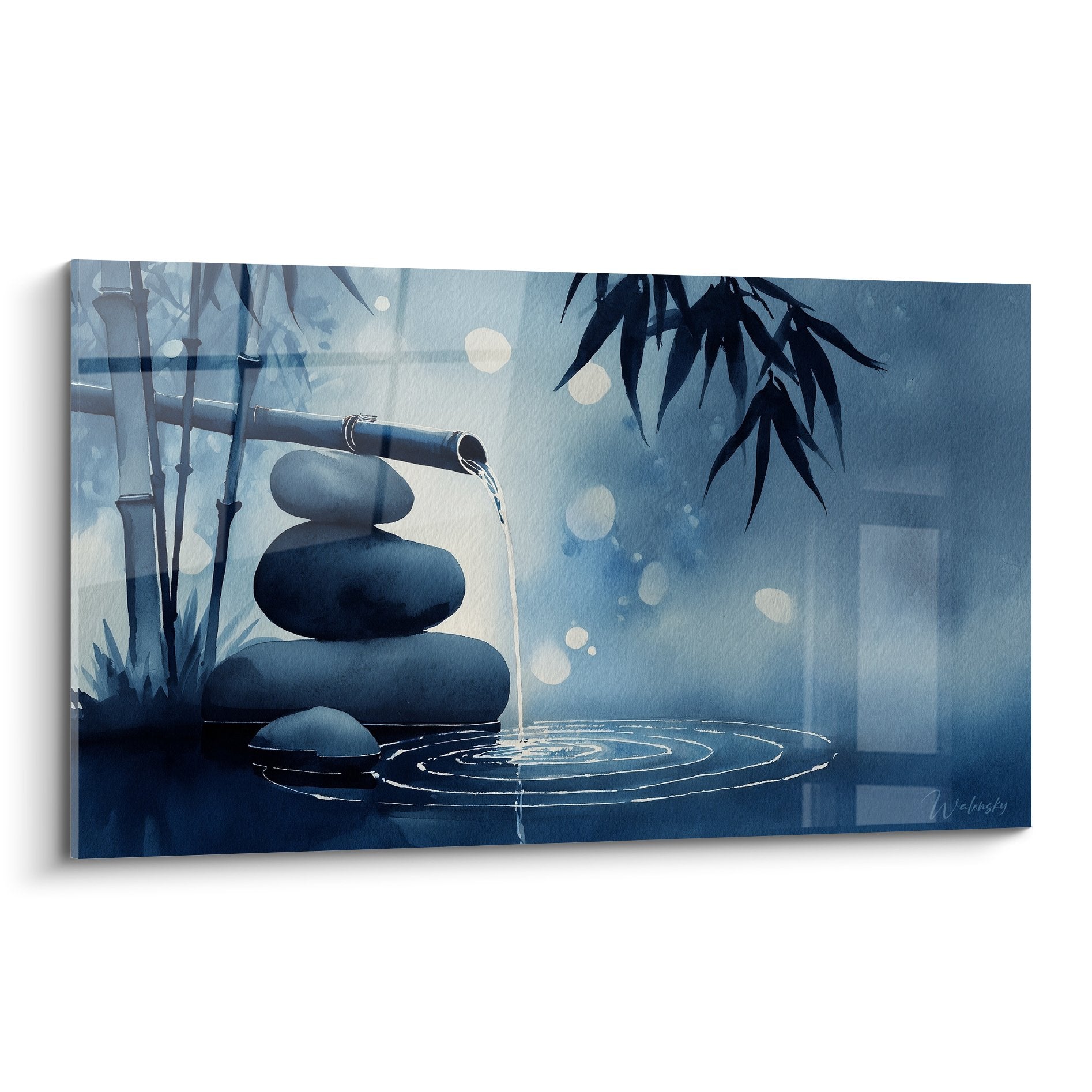 Tableau zen cascade bambou galets bleus feng shui nord eau decoration murale apaisante