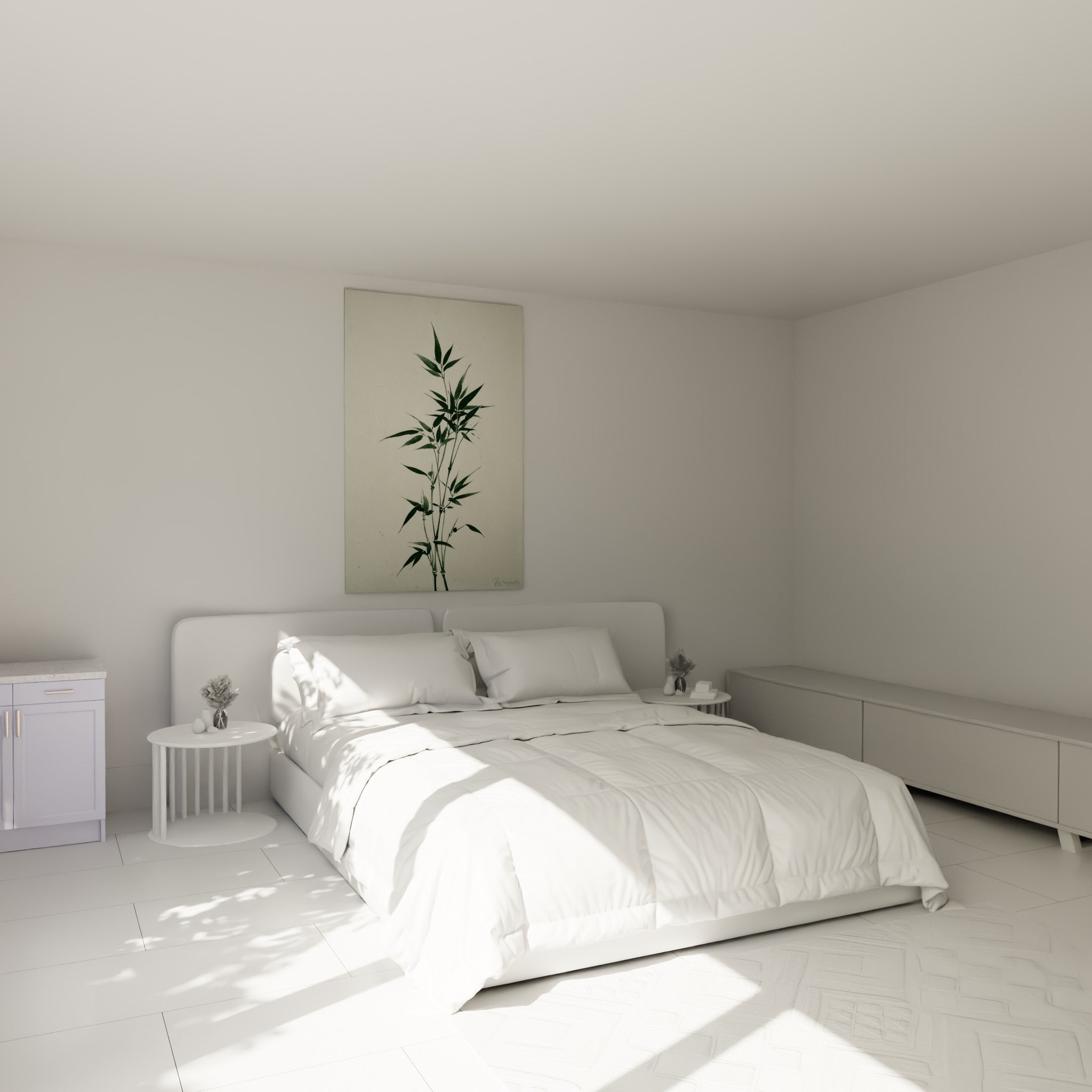 Tiges de bambou vert et blanc cassé accrochées au-dessus d'un lit dans une chambre claire