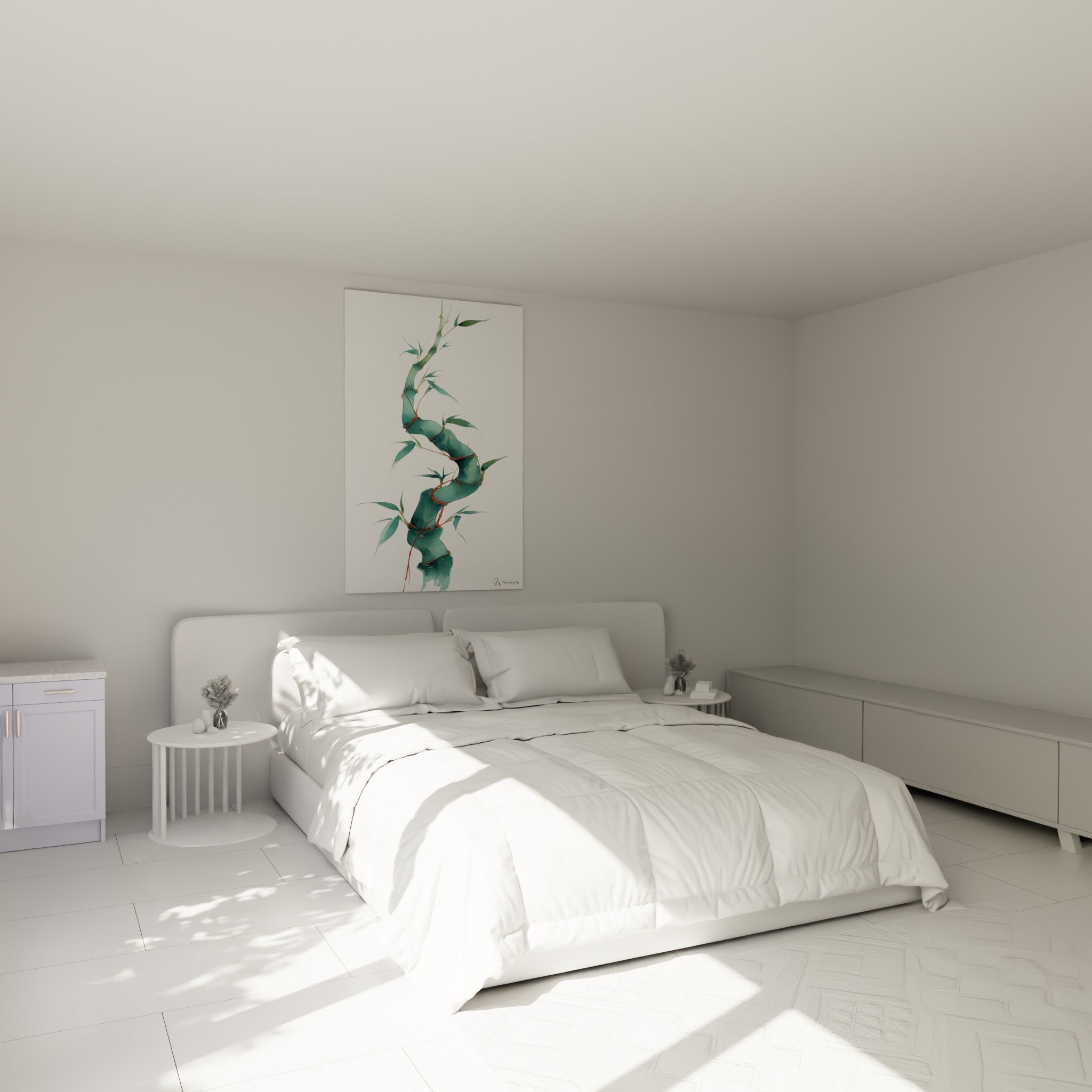 Tige de bambou vert émeraude et terracotta déployée au-dessus d'un lit dans une chambre claire