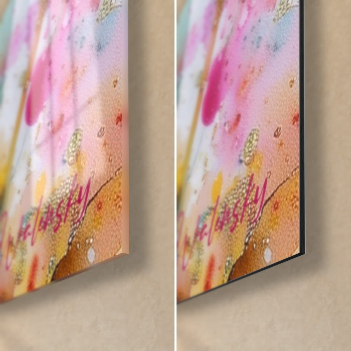 Tableau tiges de bambou, coin bas droit : verre acrylique brillant à gauche, alu Dibond mat à droite, rose et orangé, tranche 3 mm