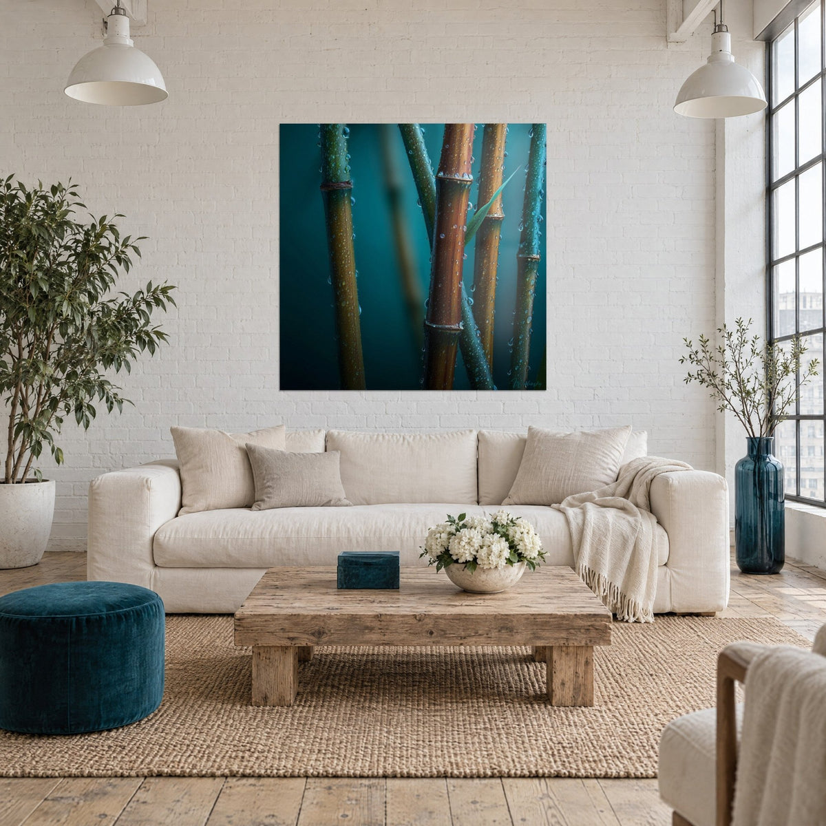 Quadro di steli di bambù ramati e dorati, gocce di rugiada su sfondo blu anatra, sopra un divano in un soggiorno luminoso