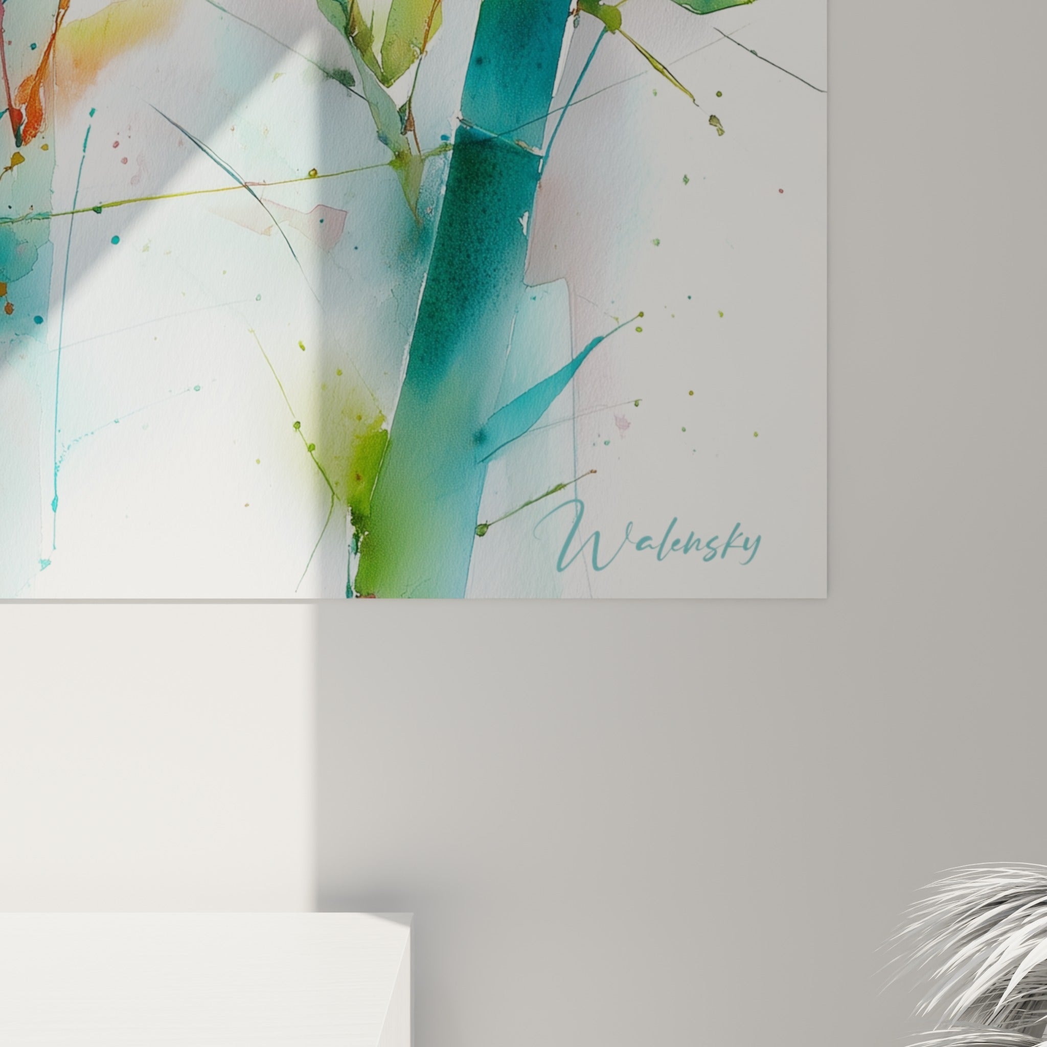 Détail des coulures aquarelle turquoise et vertes révélant le grain de la toile bambou