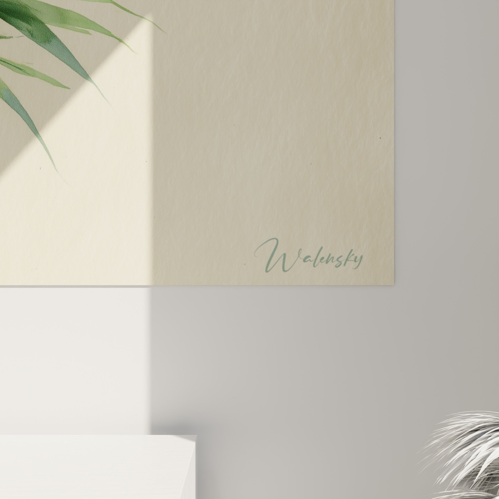 Détail des feuilles de bambou vert sauge, traits fins et éclaboussures ocre sur papier texturé
