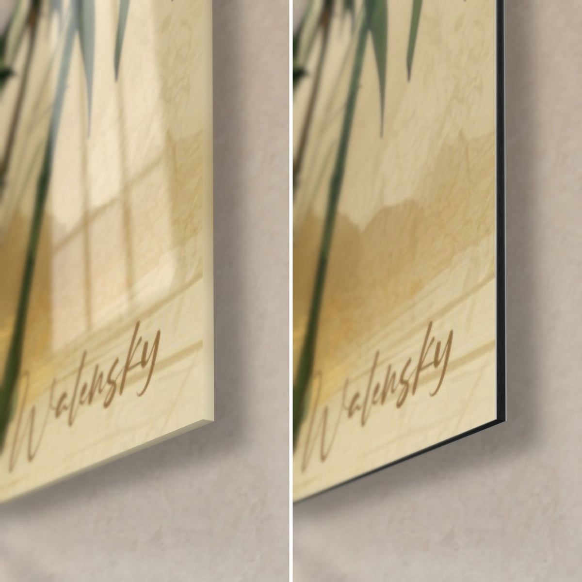 Quadro di bambù ad acquerello verde e oro, firma Walensky, angolo in basso a destra in vetro lucido e alluminio Dibond opaco da 3 mm