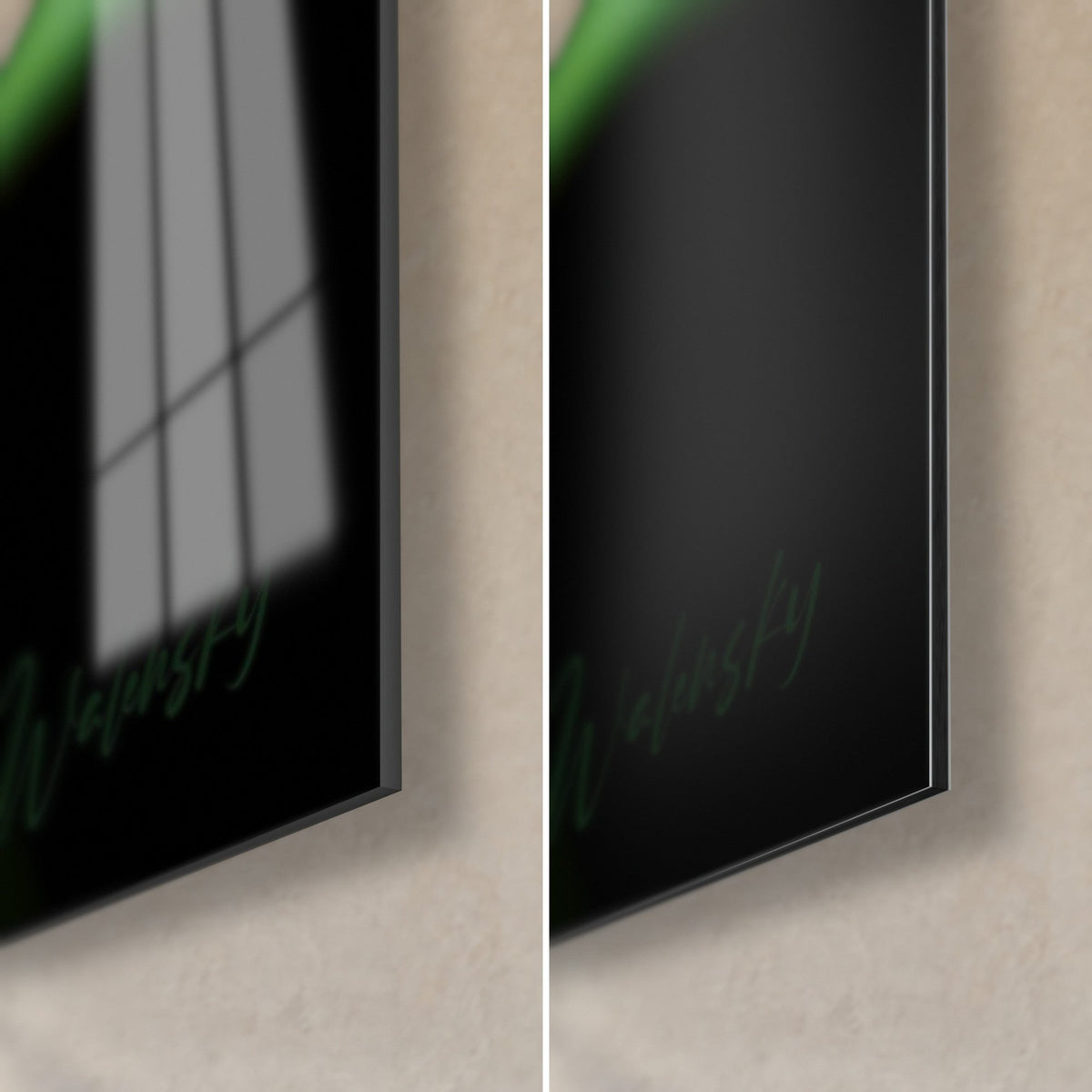 Quadro bambù, fusto verde e nero, angolo in basso a destra: vetro acrilico lucido con riflessi, alluminio Dibond opaco, spessore 3 mm