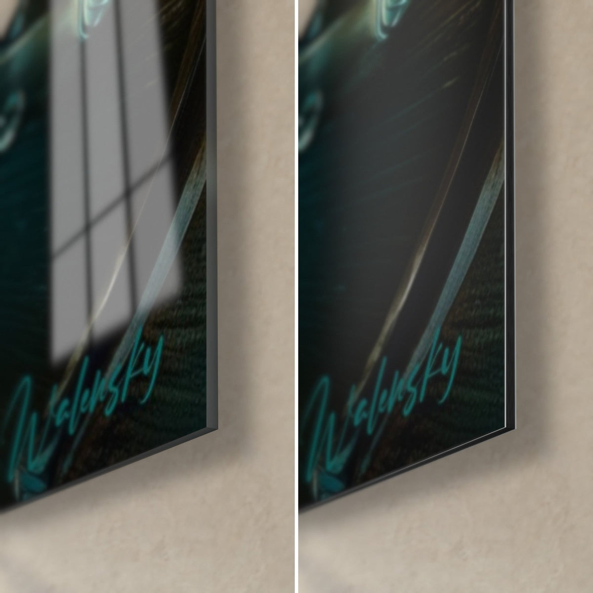 Tableau tiges de bambou turquoise et or, coin bas droit : verre acrylique brillant reflétant la fenêtre, Dibond mat, tranche de 3 mm