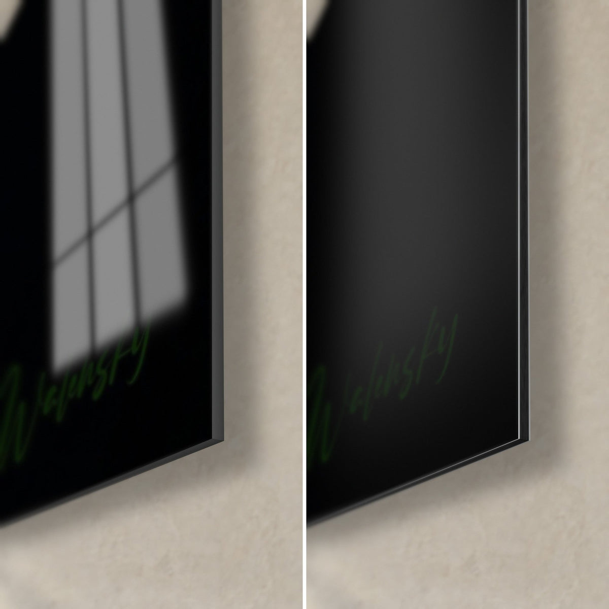 Tableau bambou givré de gouttelettes, coin bas droit : verre brillant et reflets vert sombre, alu Dibond noir mat, tranche fine