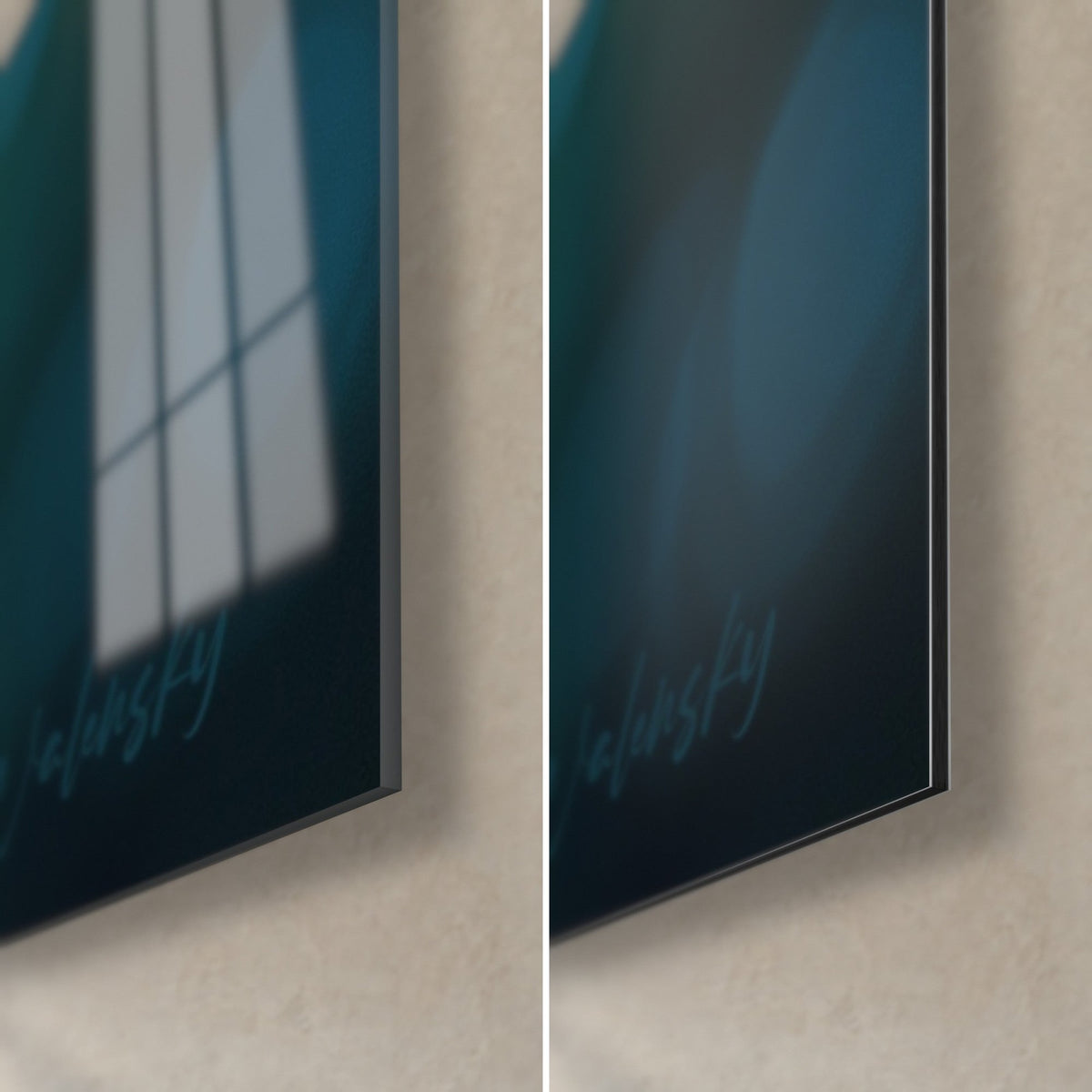 Tableau bambou sous la pluie, vert profond et bleu nuit, coin bas droit en verre brillant et alu Dibond mat, tranche 3 mm