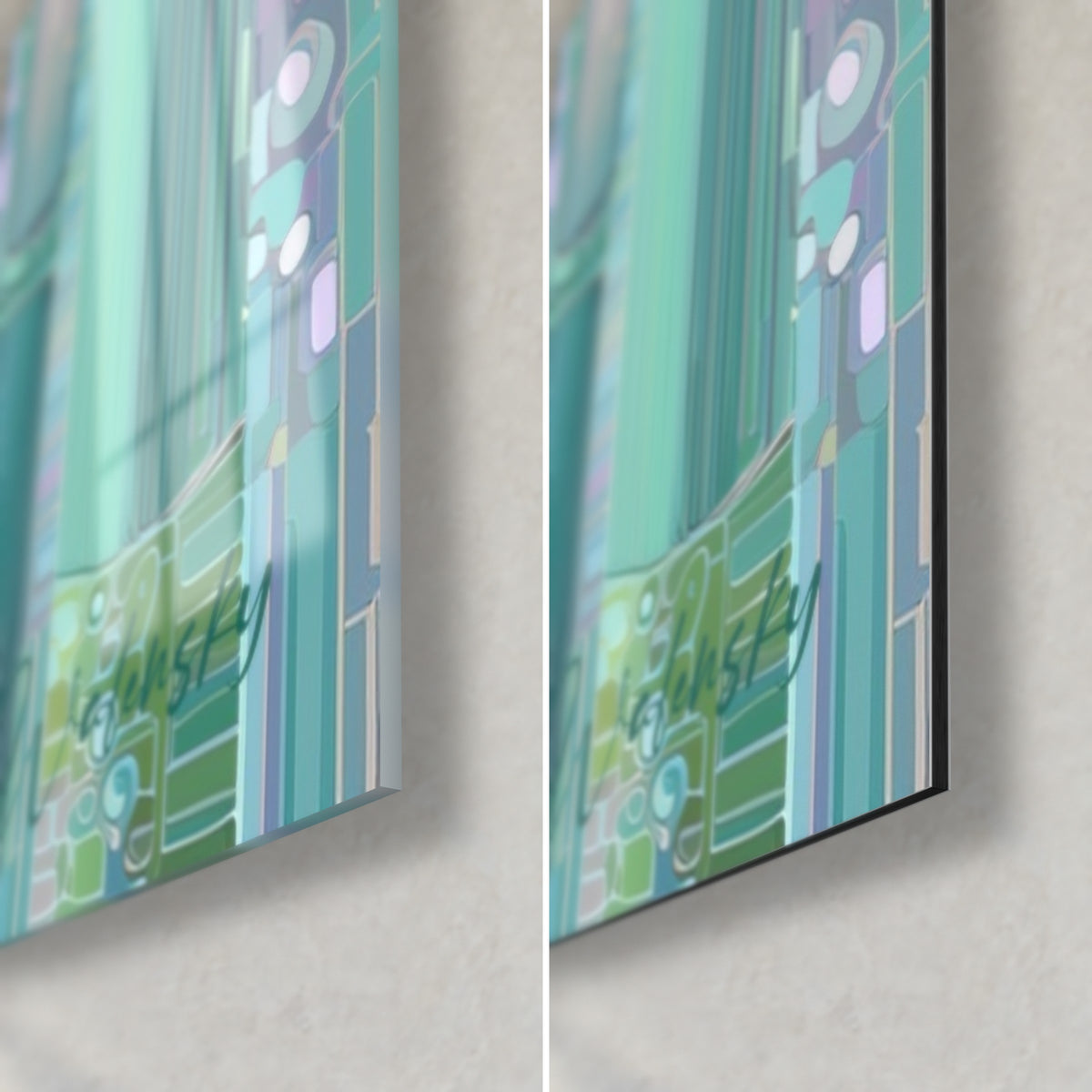 Wall art mint green bamboo stalks with pink circular motifs, bottom right corner: glossy glass on the left, matte Dibond on the right