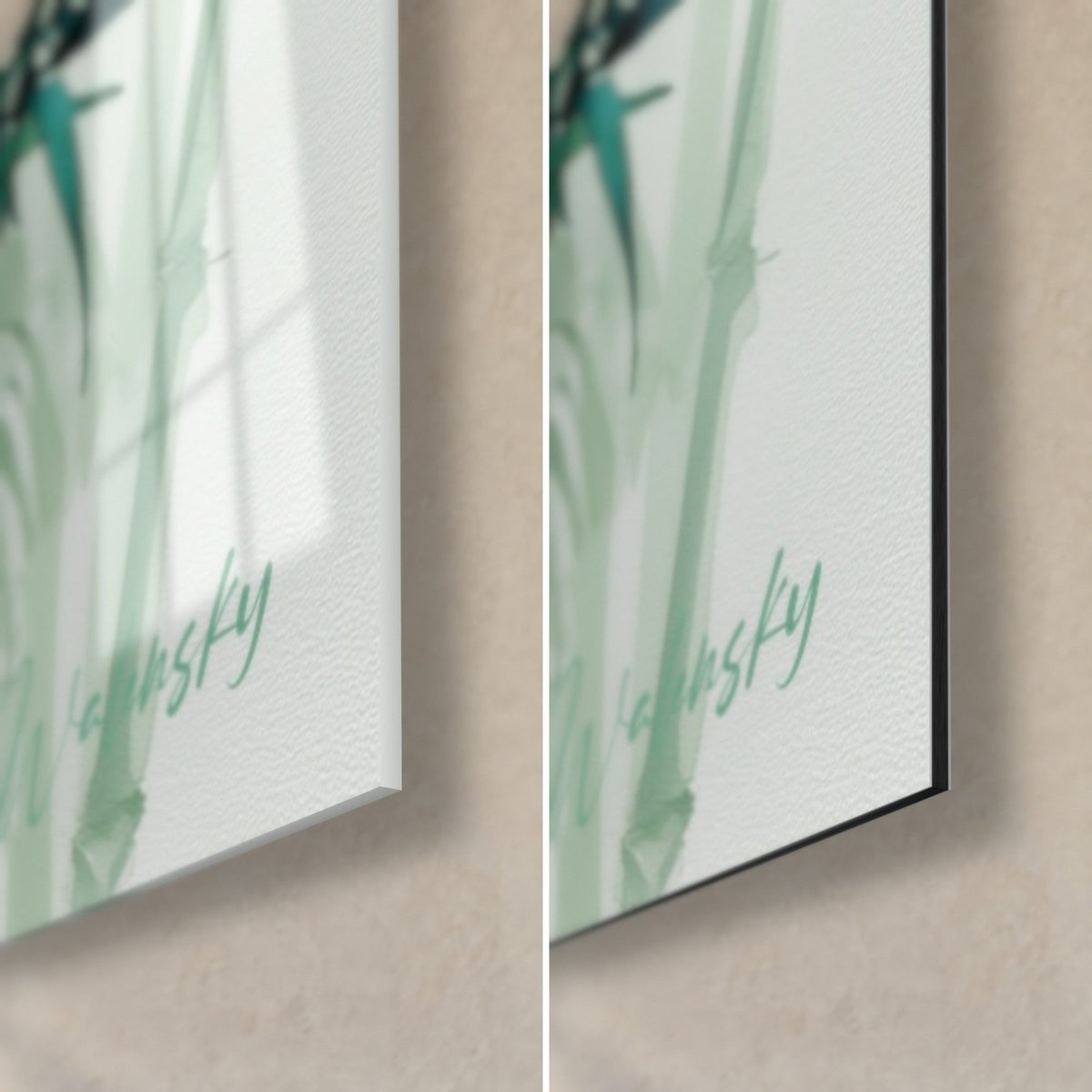 Tableau feuillage de bambou vert profond et blanc, coin bas droit, verre acrylique brillant à gauche, Dibond noir mat à droite