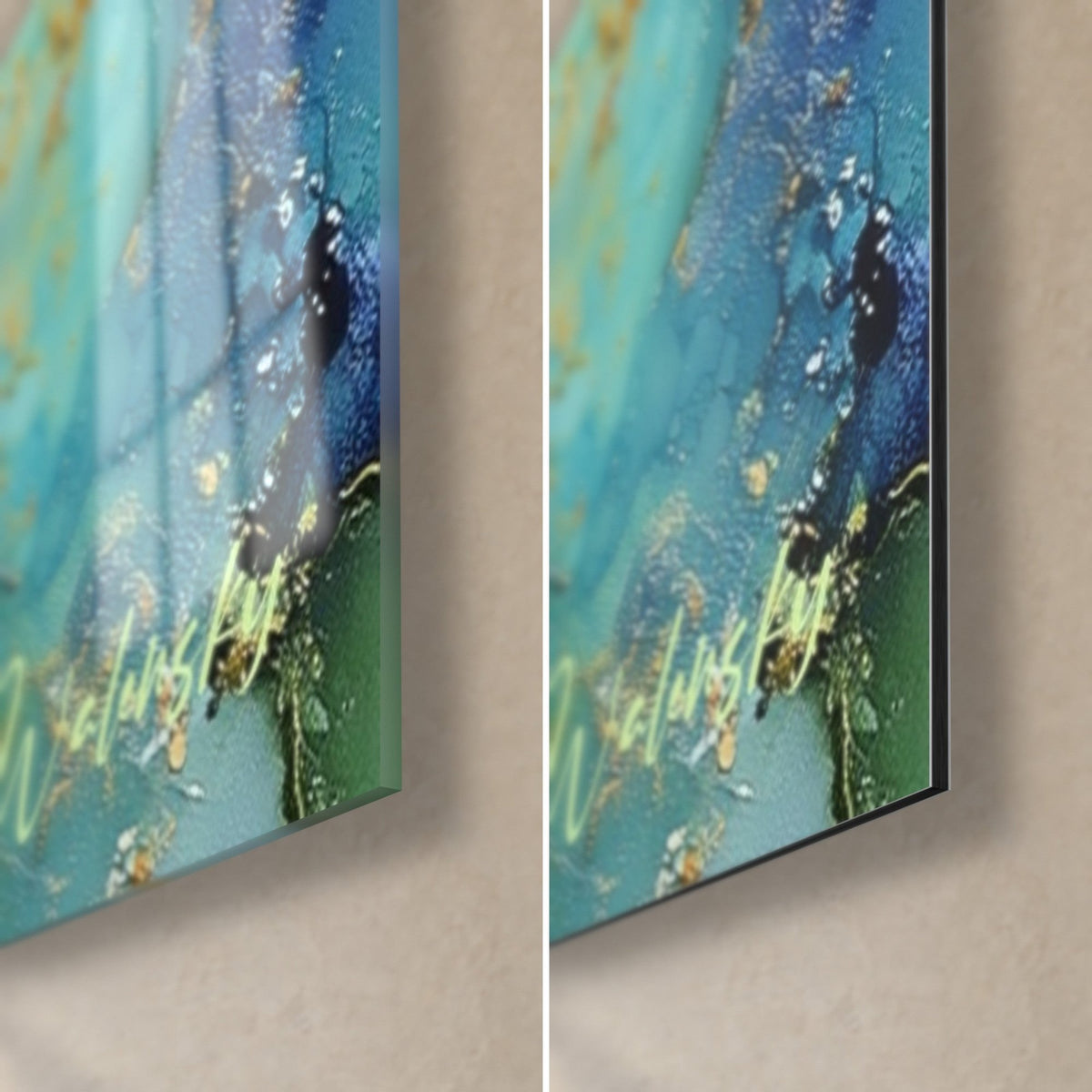Tableau bambou aquarelle, coin bas droit : verre brillant aux reflets bleu turquoise à gauche, Dibond noir mat et tranche de 3 mm