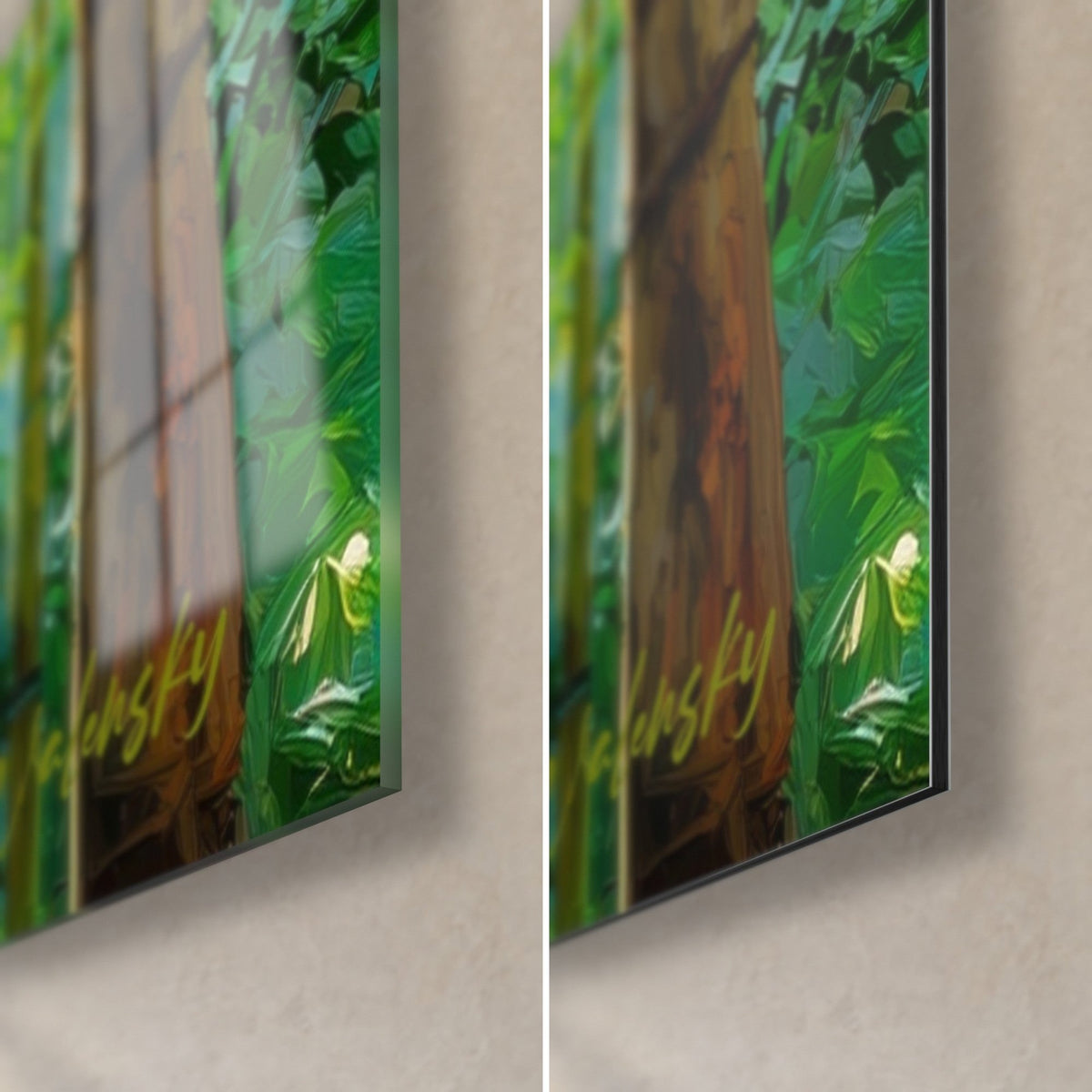 Gemälde Bambushain als Malerei, Ecke unten rechts: glänzendes Glas mit Reflexen links, matytes Dibond rechts, 3 mm Kante