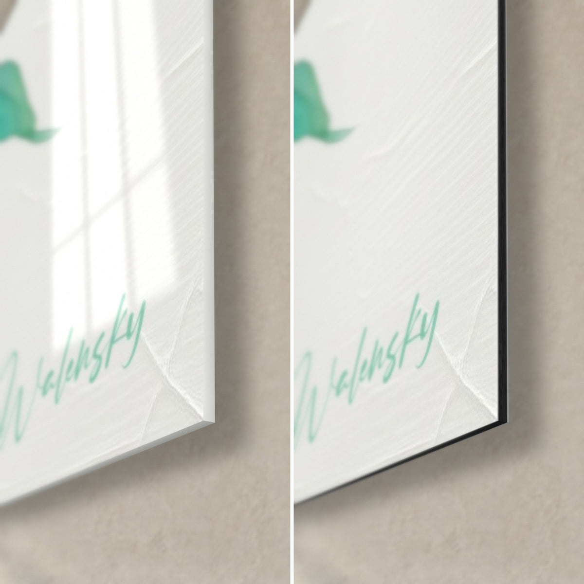 Quadro bambù con foglie verde smeraldo, angolo in basso a destra: vetro acrilico lucido a sinistra, alluminio Dibond opaco a destra, spessore del bordo 3 mm