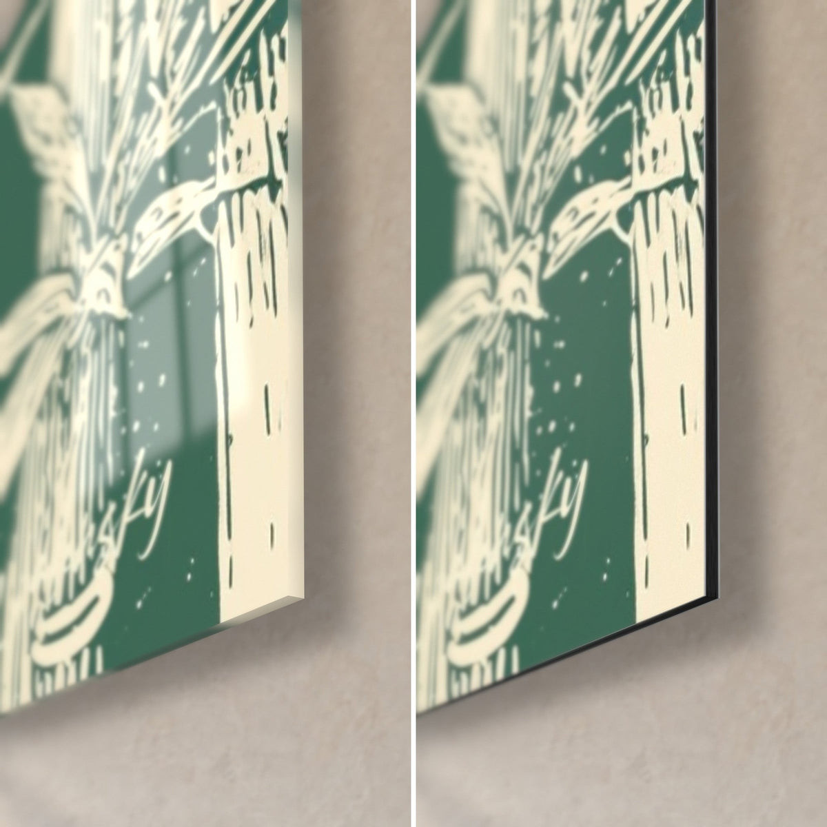 Tableau forêt de bambous ivoire sur vert, coin bas droit : verre acrylique brillant à gauche, alu Dibond mat à droite, tranche noire de 3 mm