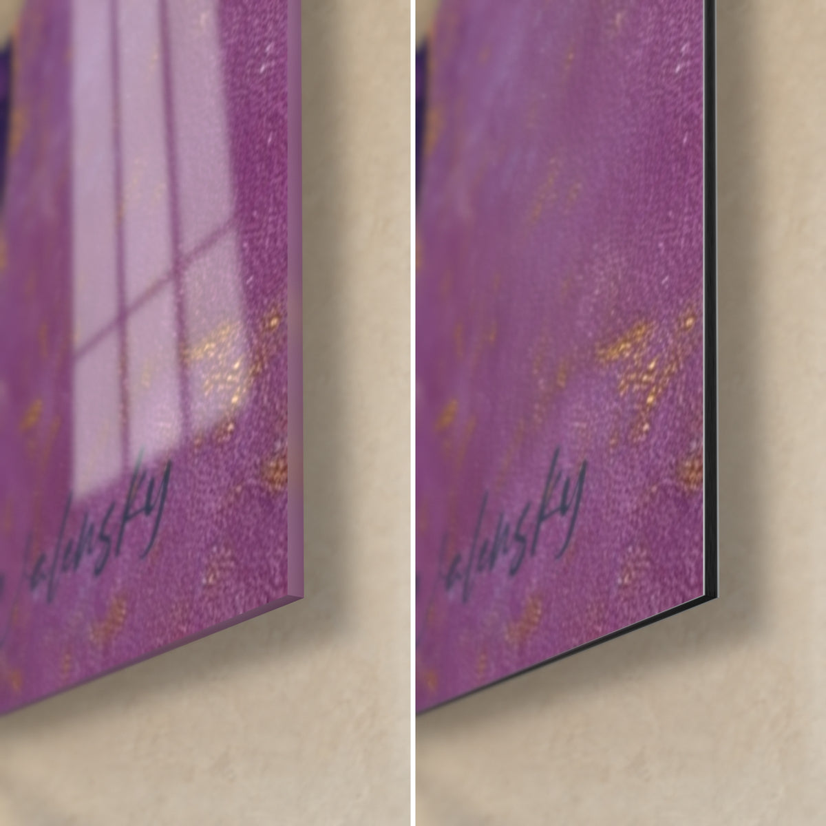 Quadro bambù con foglie viola, angolo in basso a destra: vetro acrilico lucido a sinistra, alluminio Dibond opaco a destra, bordo sottile