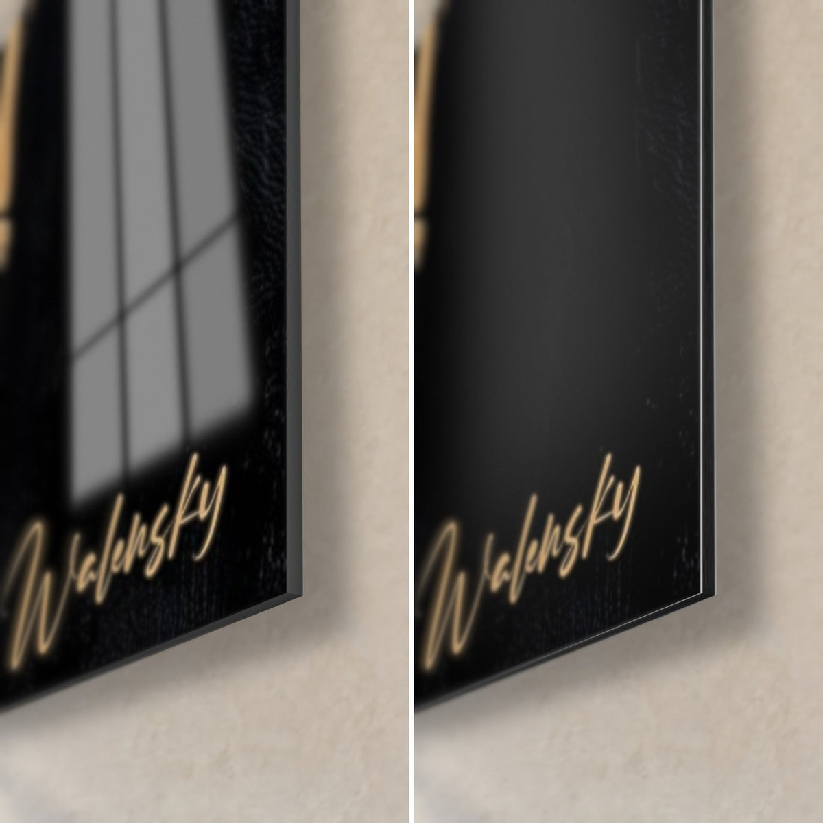 Tableau tiges de bambou dorées sur noir, coin bas droit : verre acrylique brillant à gauche, alu Dibond mat à droite, tranche de 3 mm