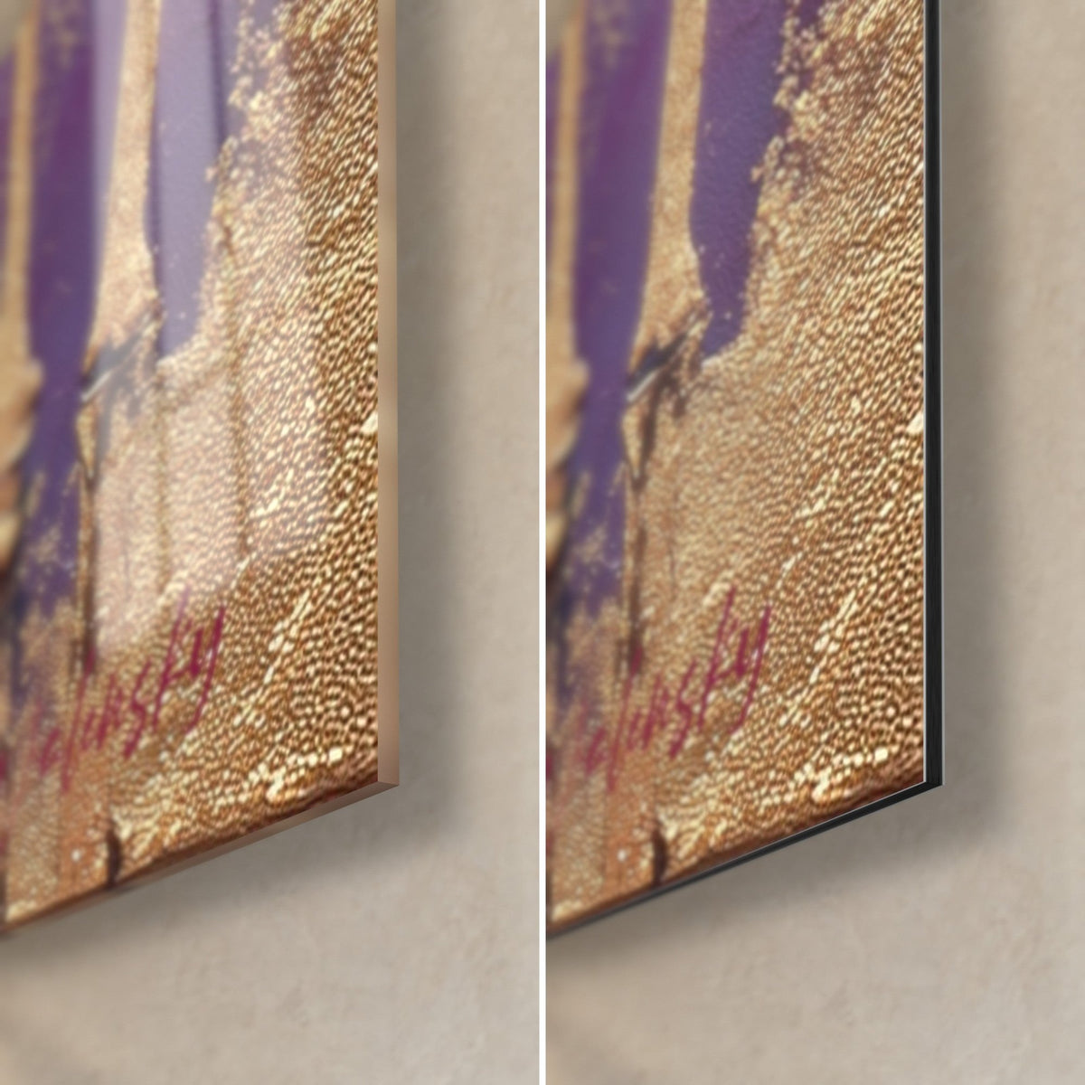 Tableau bambou pourpre, coin bas droit : verre acrylique brillant et reflets, alu Dibond mat noir, tranche de 3 mm, or texturé