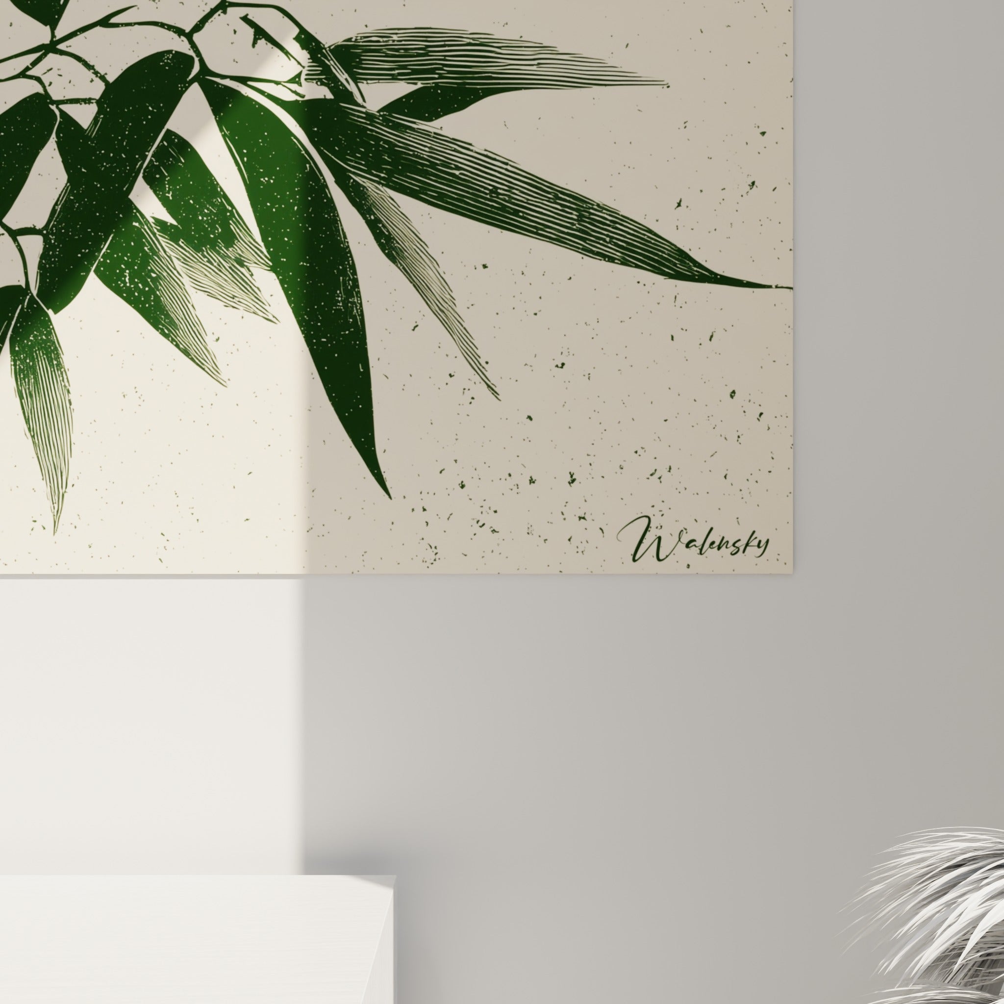 Détail des nervures du bambou vert sombre, grain de l'impression et mouchetures beiges visibles de près